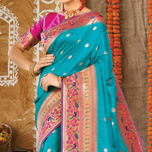 Sky Blue Festive Wear Woven Banarasi Silk Paithani Saree With Tassels - Peachmode