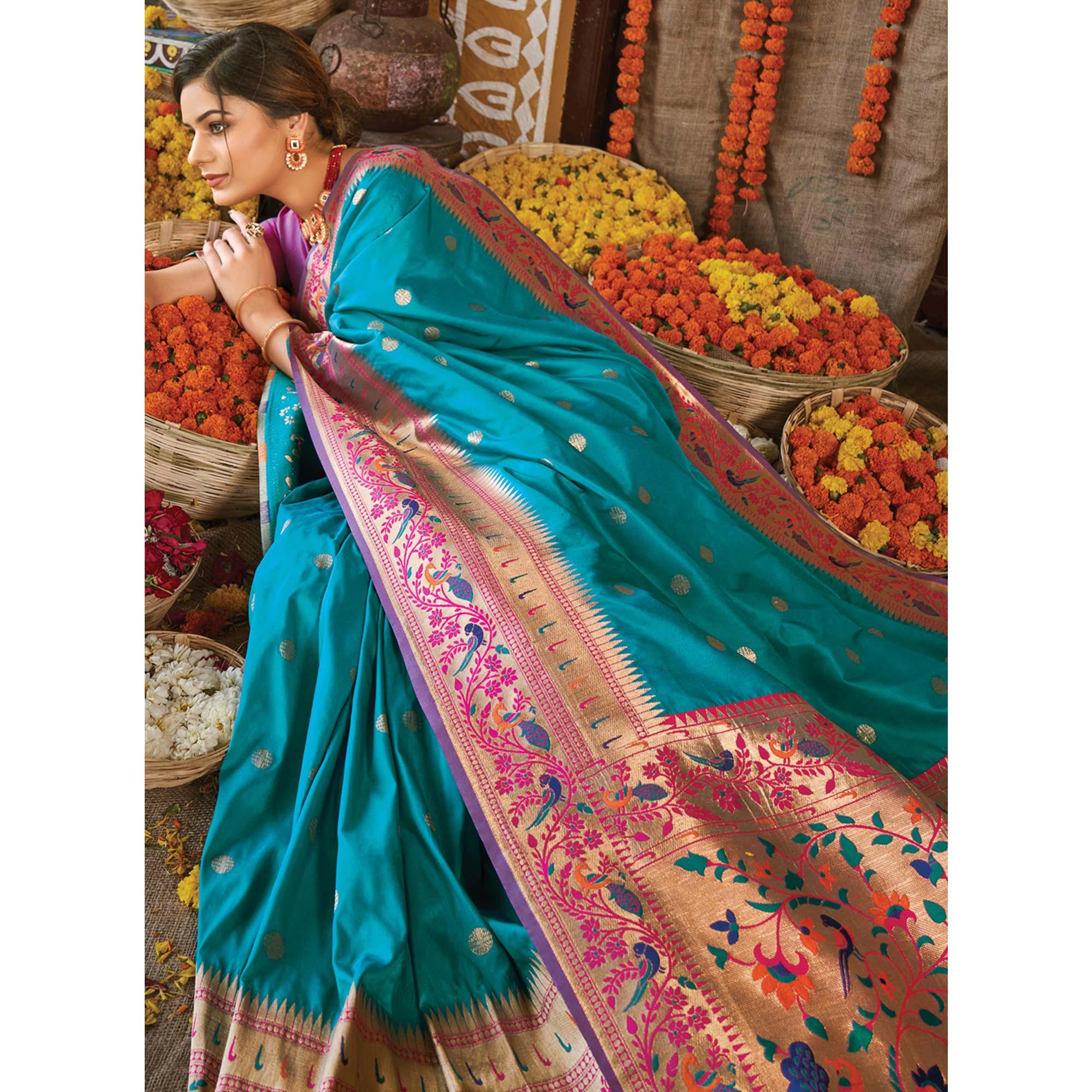 Sky Blue Festive Wear Woven Banarasi Silk Paithani Saree With Tassels - Peachmode