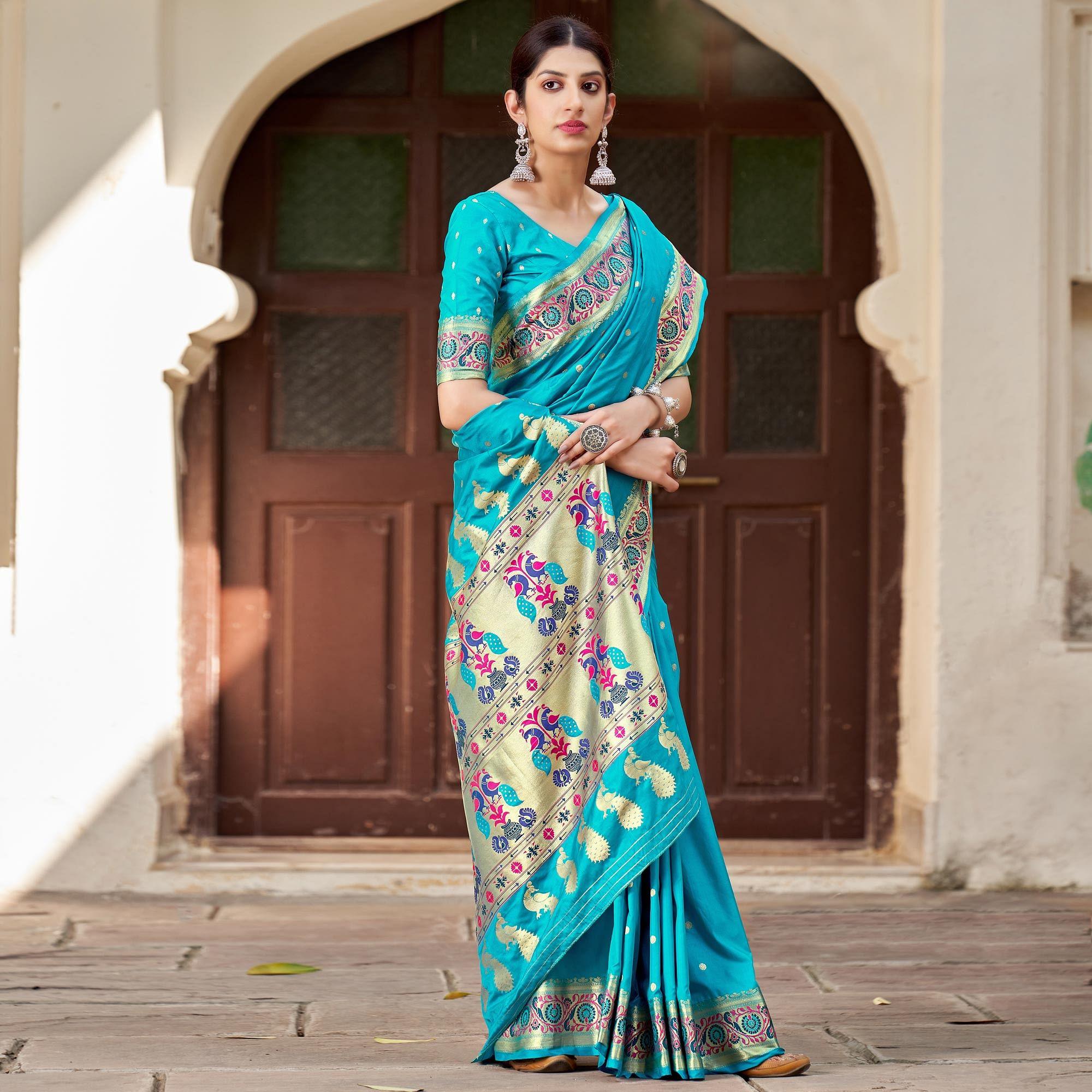Sky Blue Festive Wear Woven Banarasi Soft Silk Saree - Peachmode