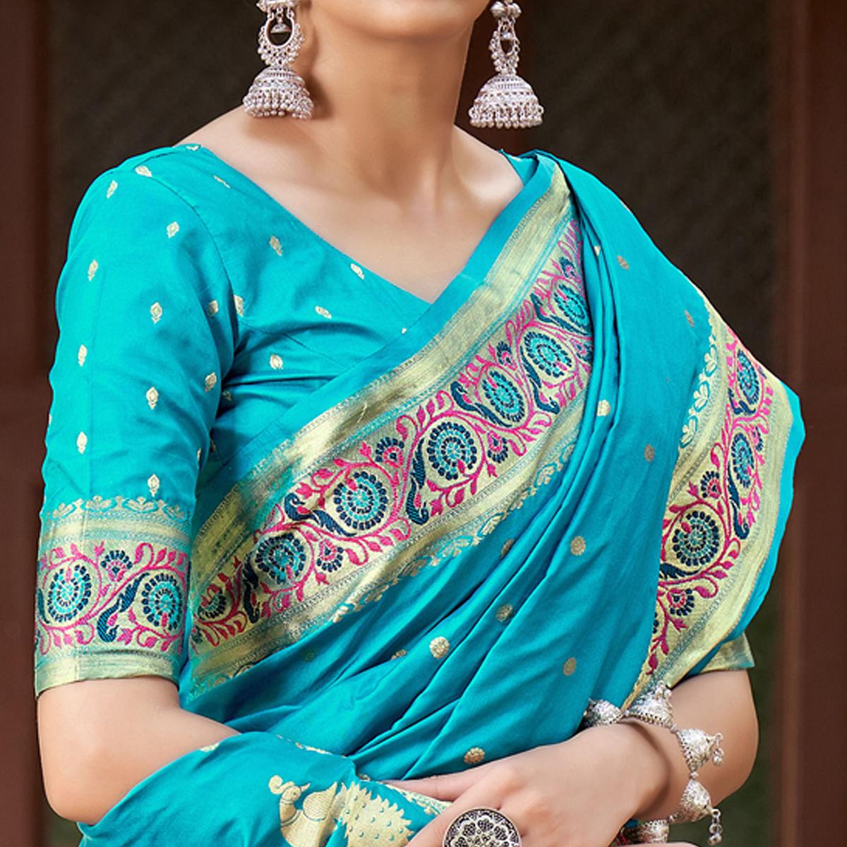 Sky Blue Festive Wear Woven Banarasi Soft Silk Saree - Peachmode