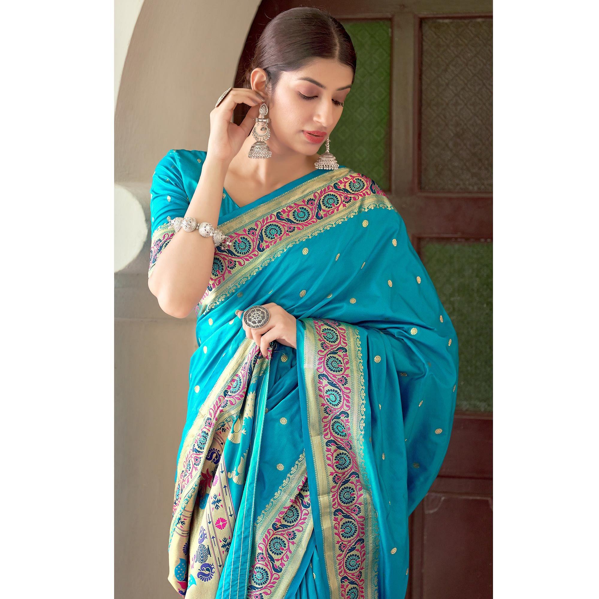 Sky Blue Festive Wear Woven Banarasi Soft Silk Saree - Peachmode
