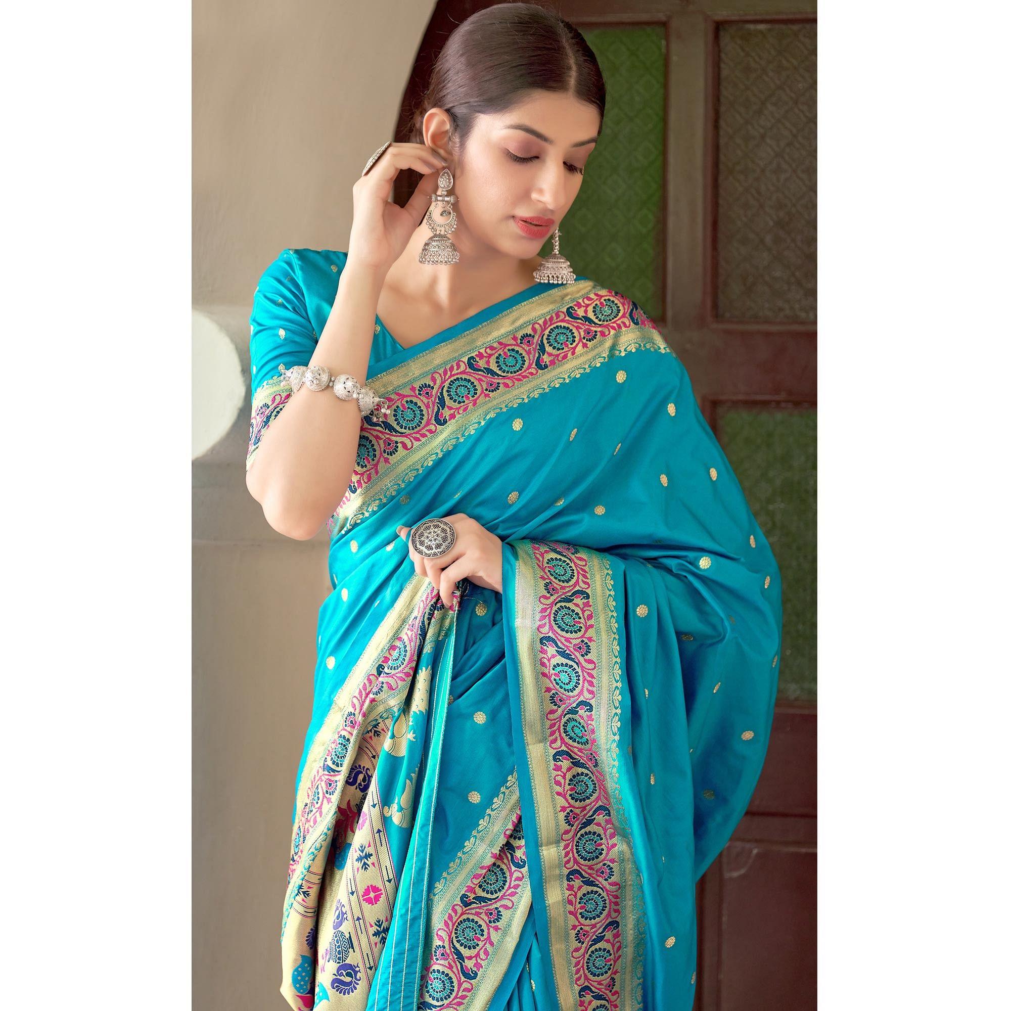 Sky Blue Festive Wear Woven Banarasi Soft Silk Saree - Peachmode