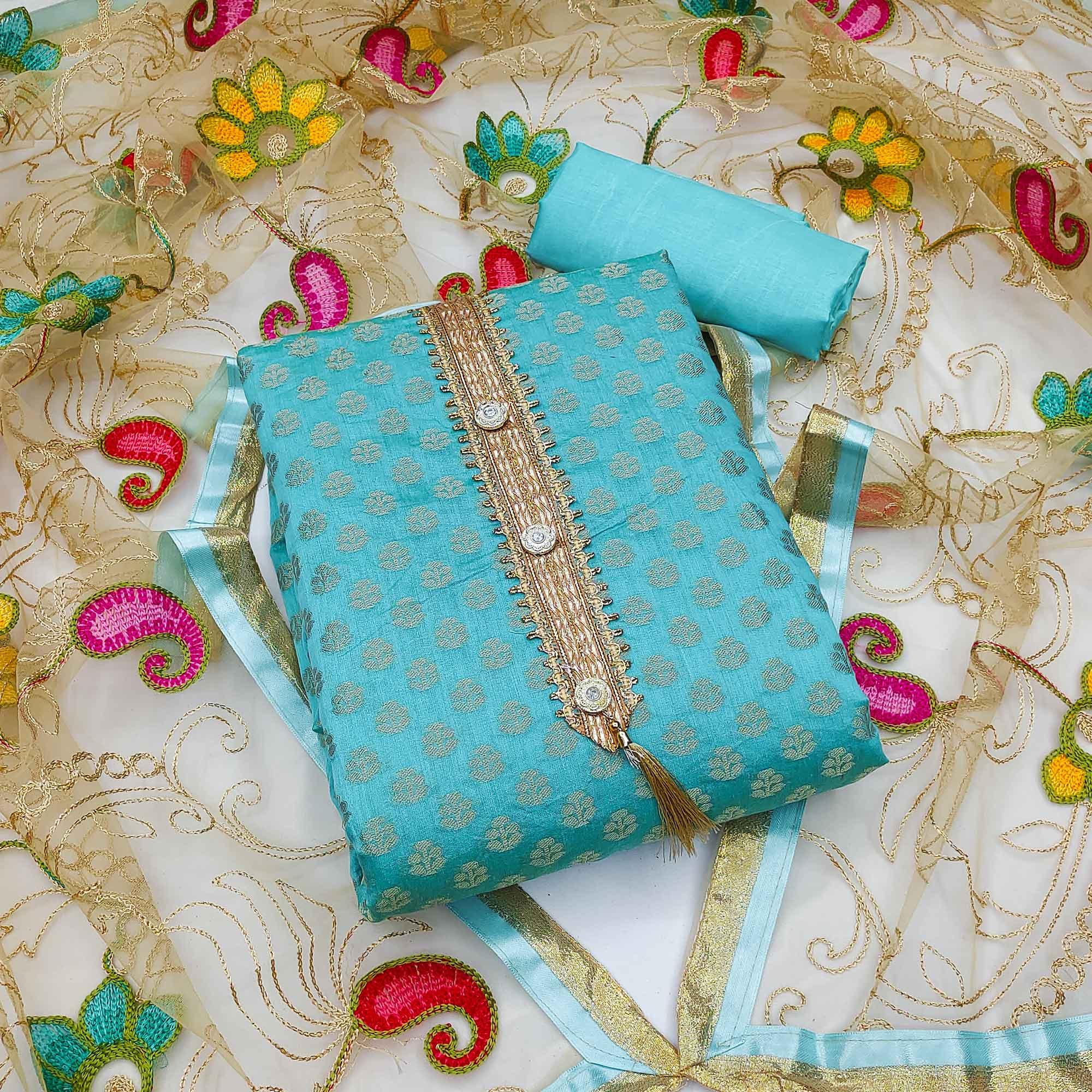Sky Blue Festive Wear Woven Chanderi Dress Material - Peachmode