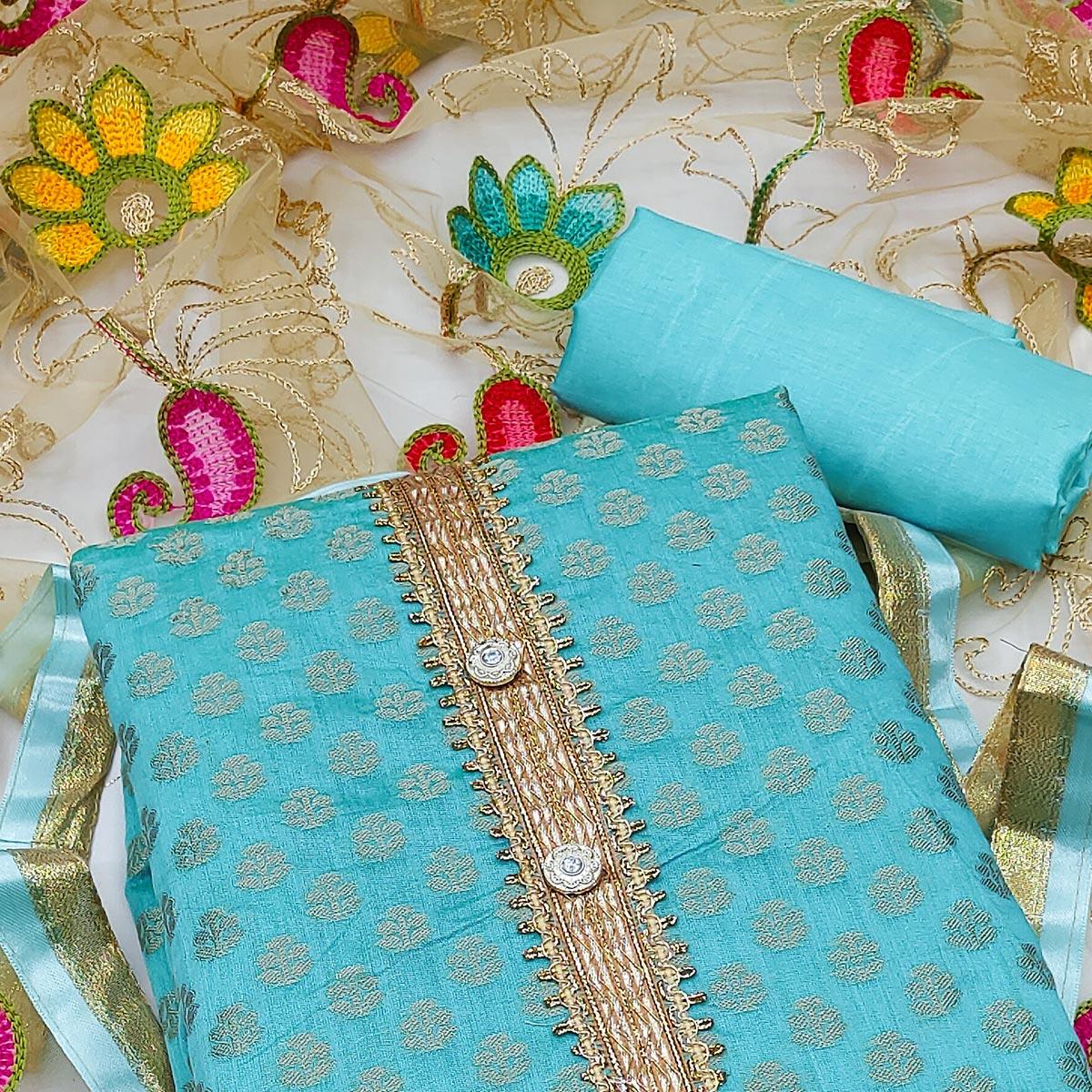 Sky Blue Festive Wear Woven Chanderi Dress Material - Peachmode