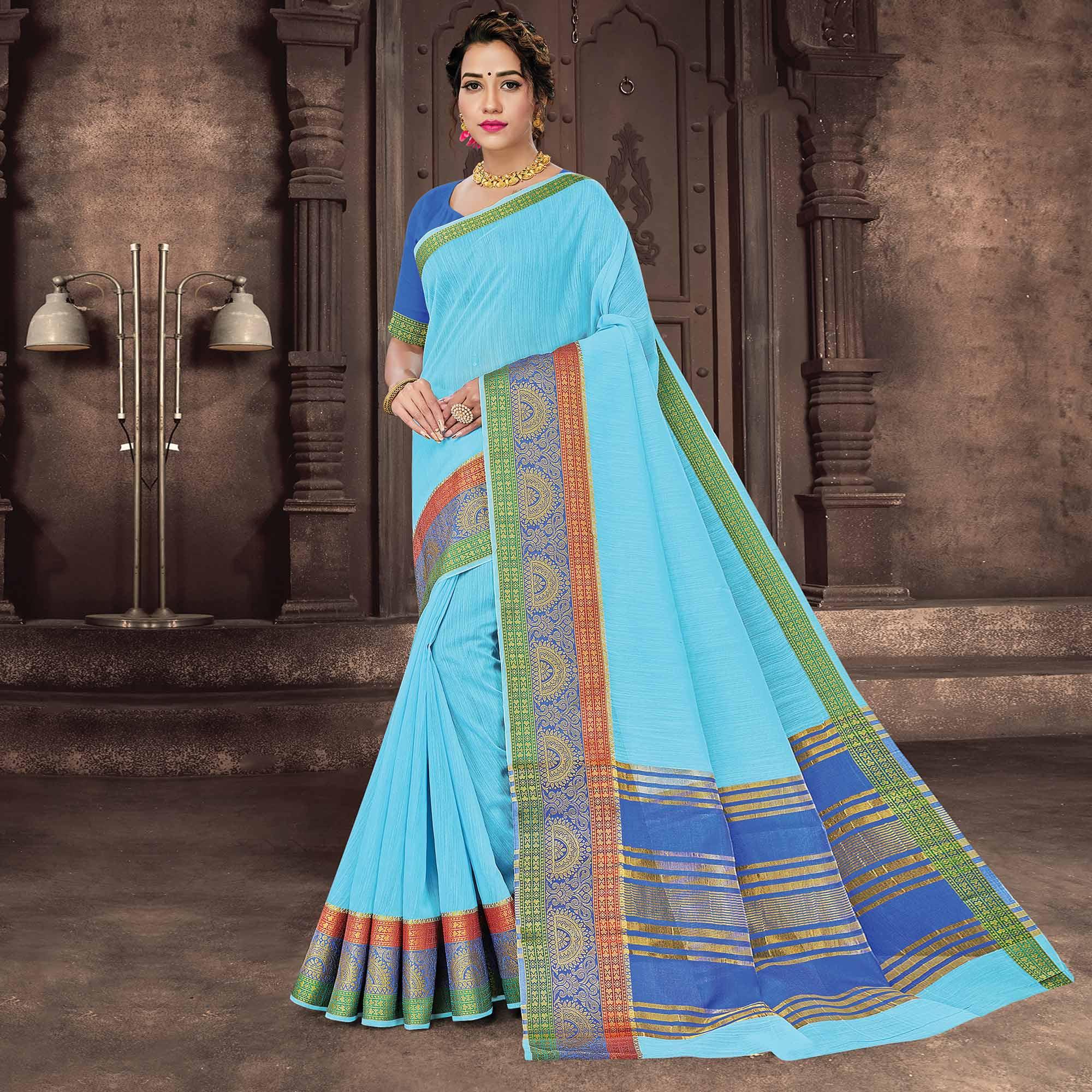 Sky Blue Festive Wear Woven Cotton Handloom Saree - Peachmode