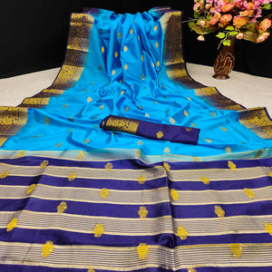 Sky Blue Festive Wear Woven Cotton Silk Saree - Peachmode