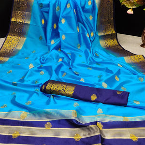 Sky Blue Festive Wear Woven Cotton Silk Saree - Peachmode