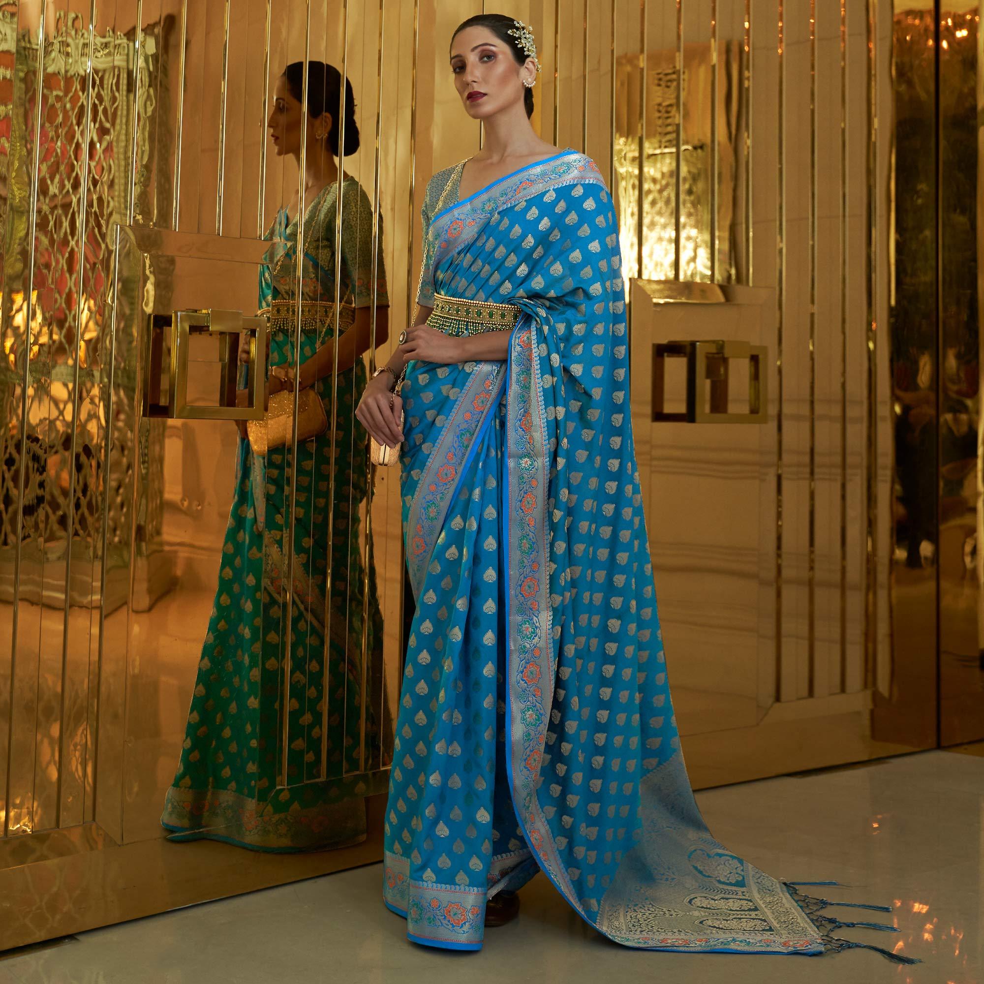 Sky Blue Festive Wear Woven Handloom Silk Saree - Peachmode