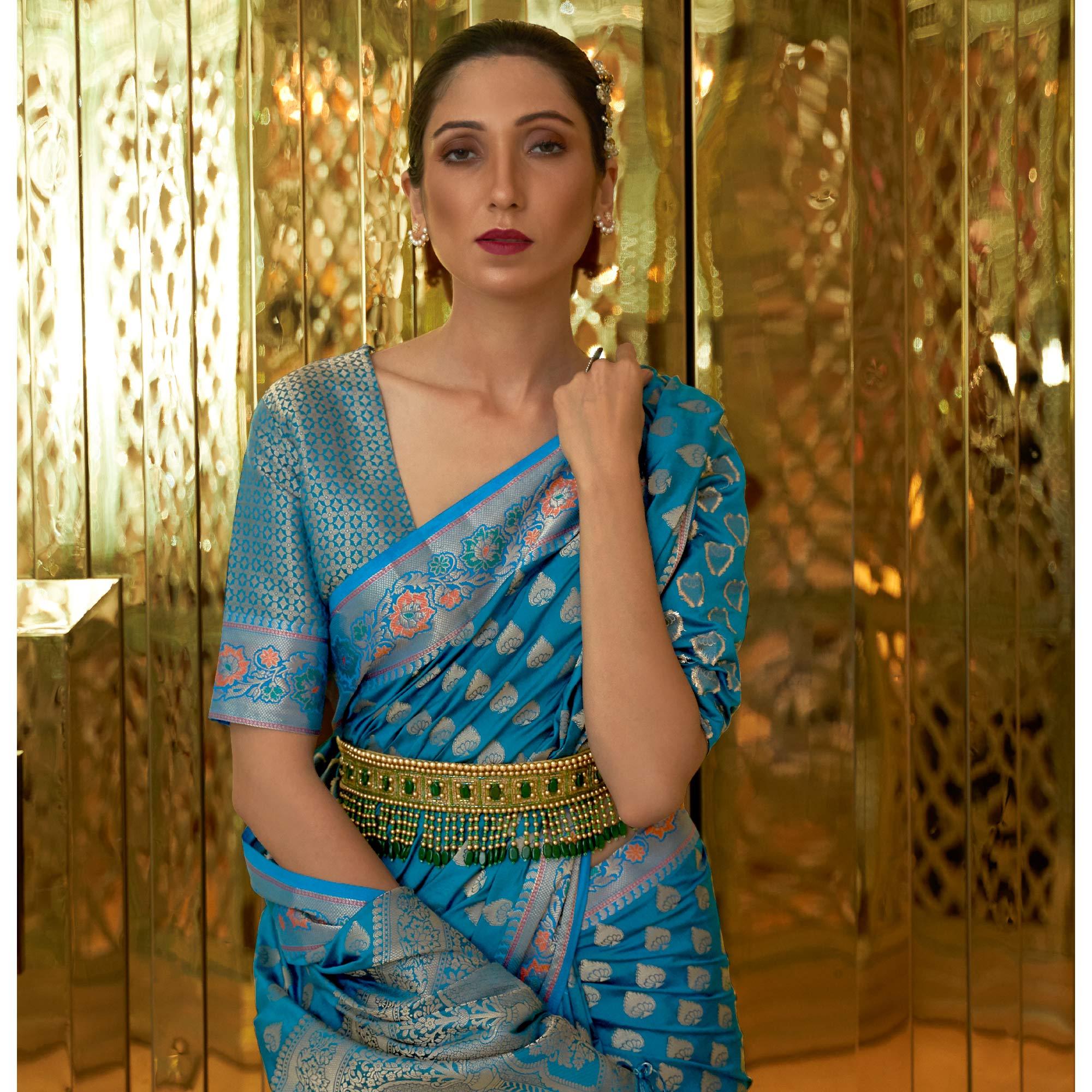 Sky Blue Festive Wear Woven Handloom Silk Saree - Peachmode