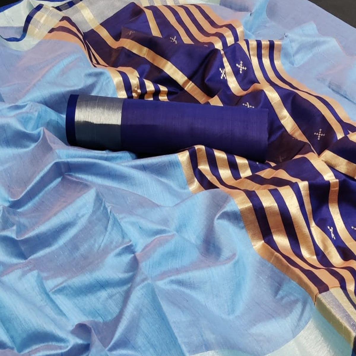 Sky Blue Festive Wear Woven Jute Saree - Peachmode