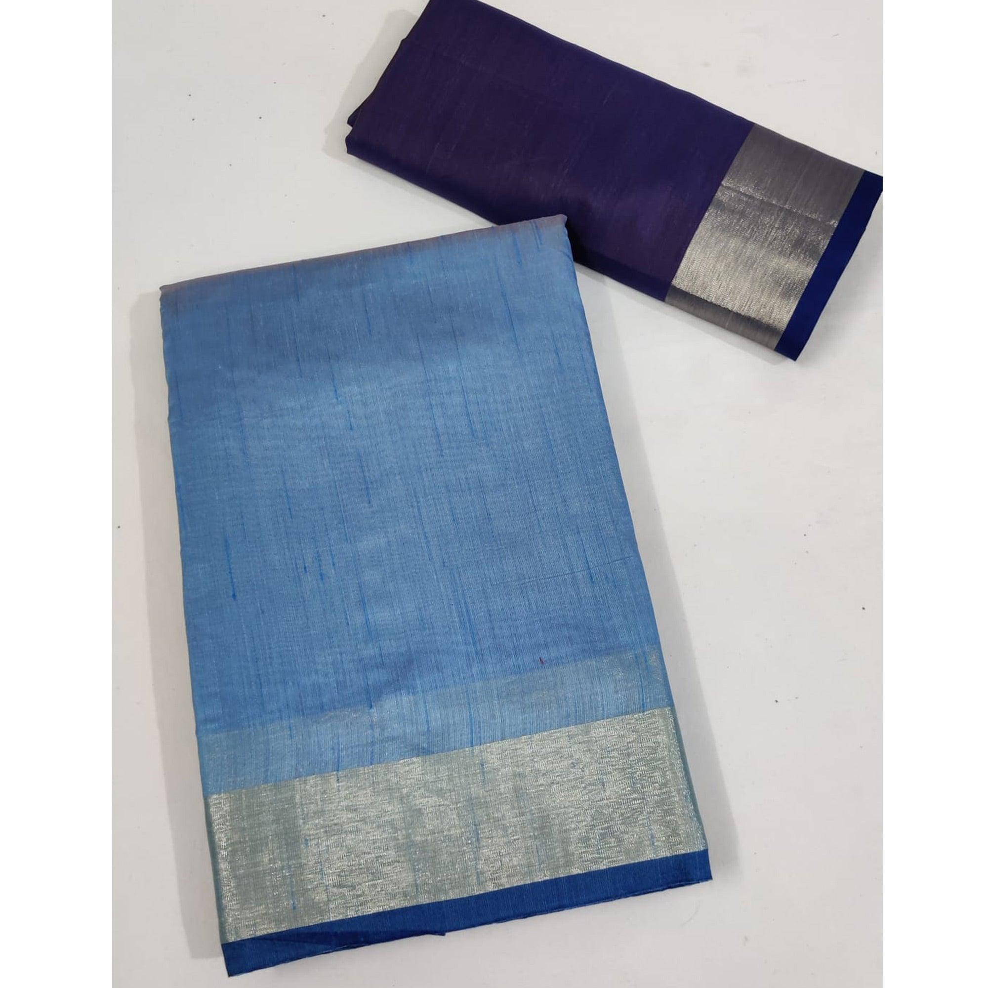 Sky Blue Festive Wear Woven Jute Saree - Peachmode