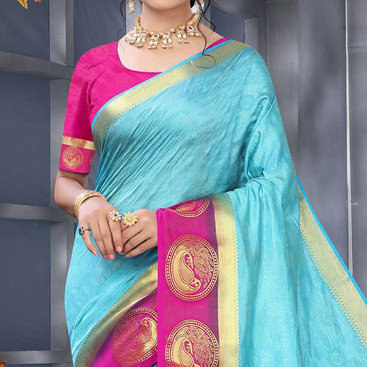 Sky Blue Festive Wear Woven Kanjiwaram Art Silk Saree - Peachmode