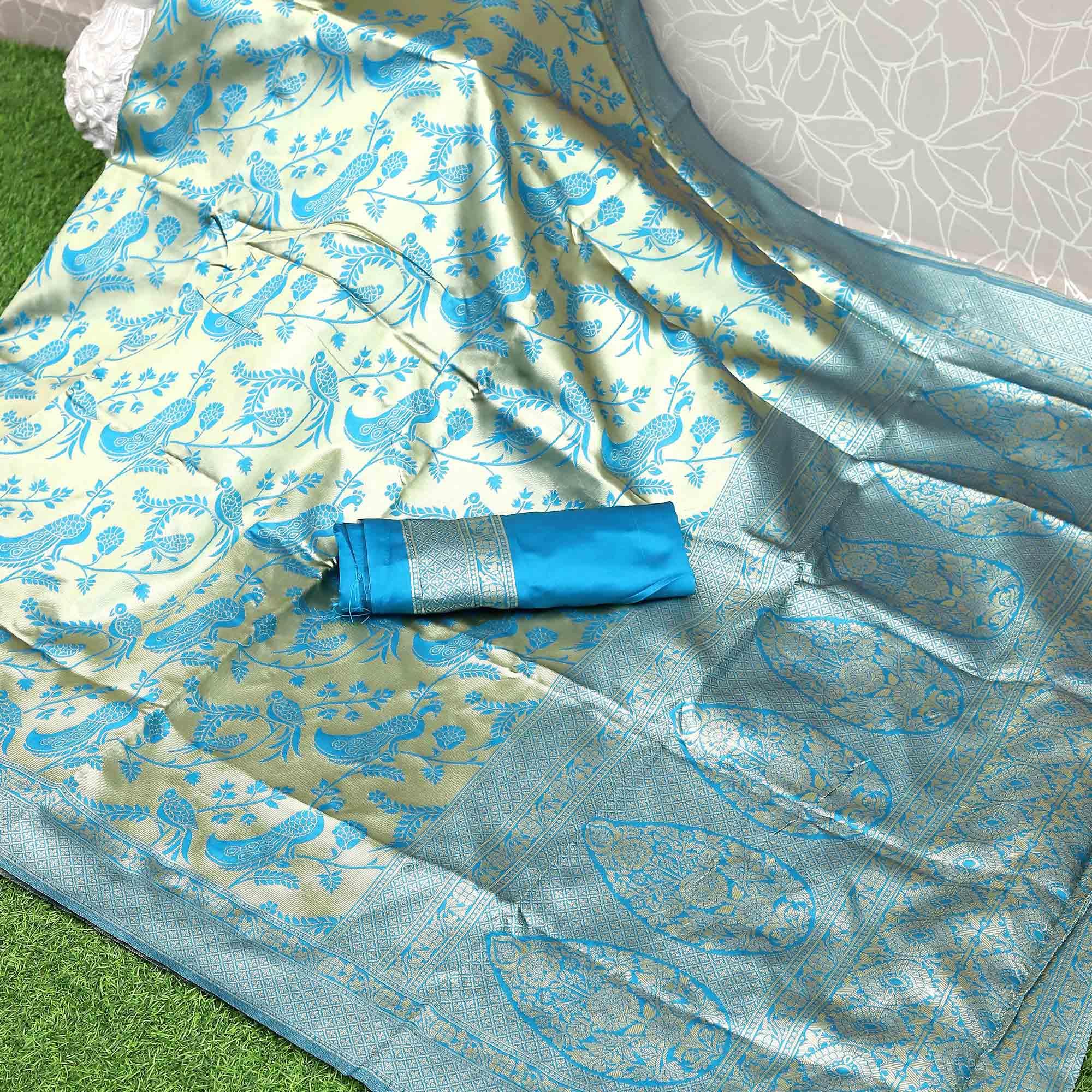 Sky Blue Festive Wear Woven Kota Litchi Banarasi Art Silk Saree - Peachmode