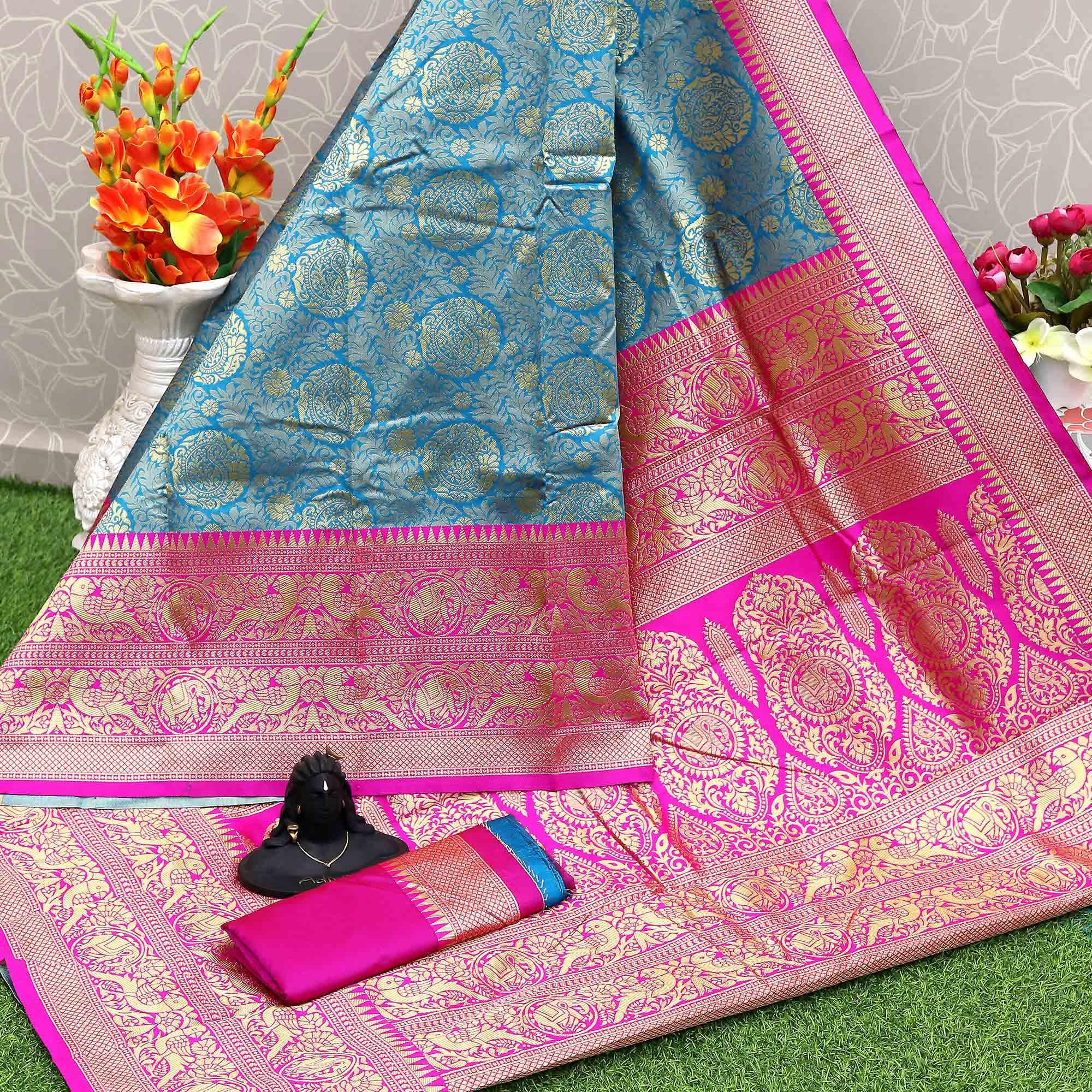 Sky Blue Festive Wear Woven Kota Litchi Banarasi Art Silk Saree - Peachmode