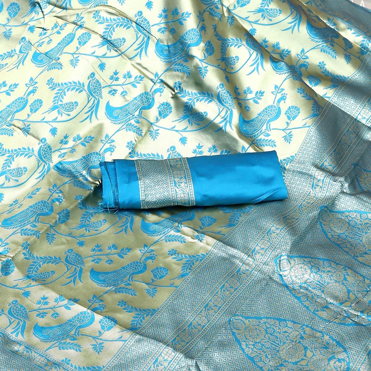 Sky Blue Festive Wear Woven Kota Litchi Banarasi Art Silk Saree - Peachmode