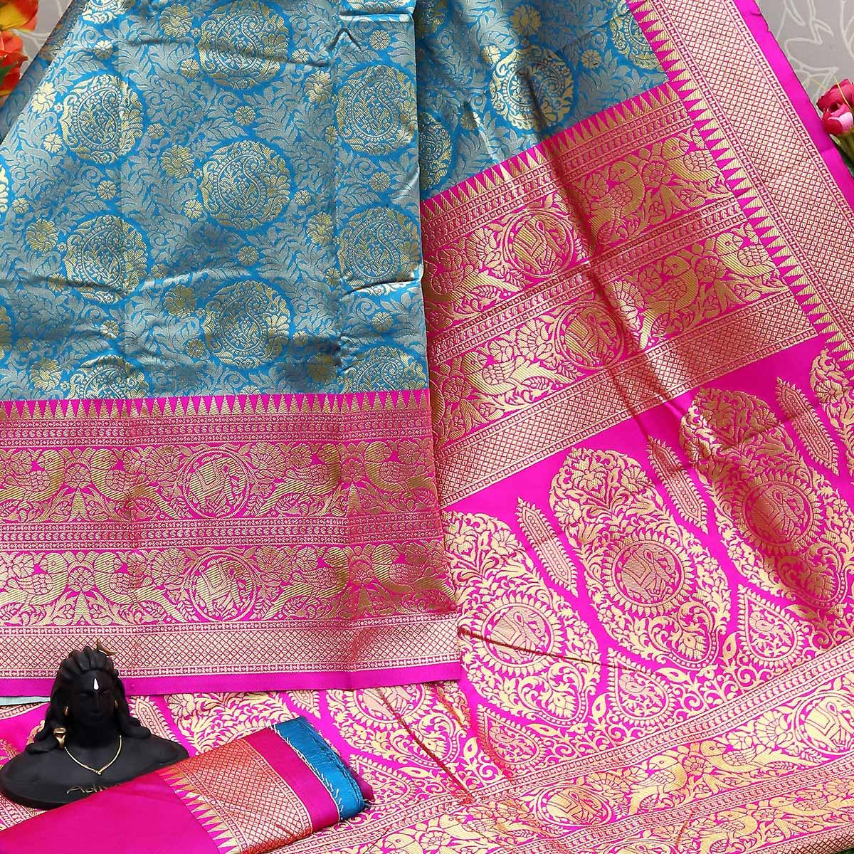 Sky Blue Festive Wear Woven Kota Litchi Banarasi Art Silk Saree - Peachmode
