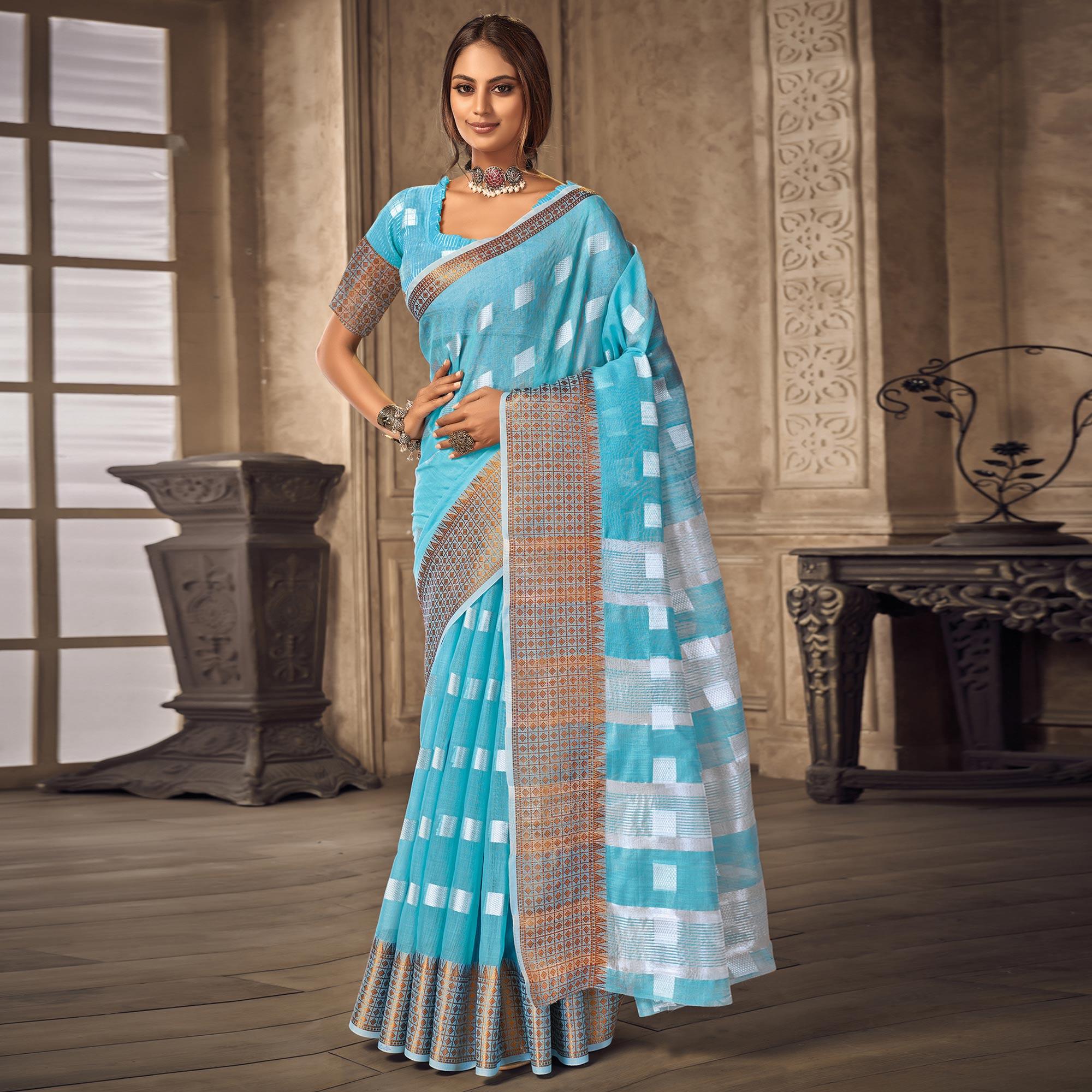 Sky Blue Festive Wear Woven Linen Saree - Peachmode