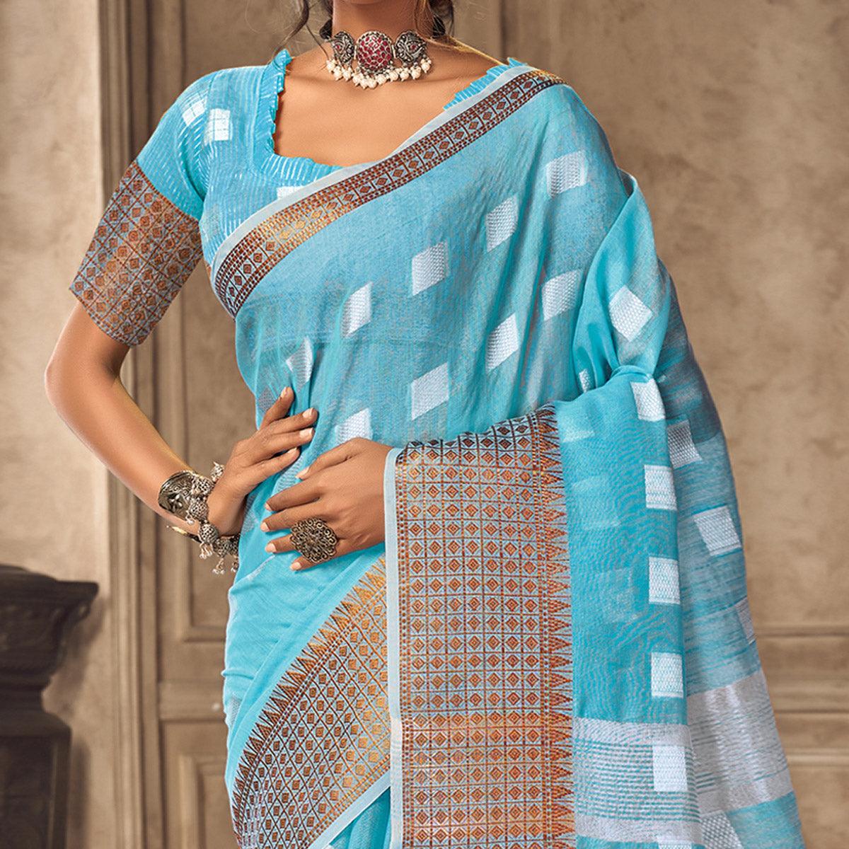 Sky Blue Festive Wear Woven Linen Saree - Peachmode