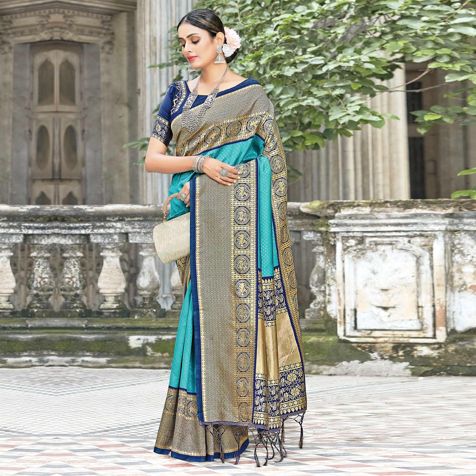 Sky Blue Festive Wear Woven Silk Saree - Peachmode