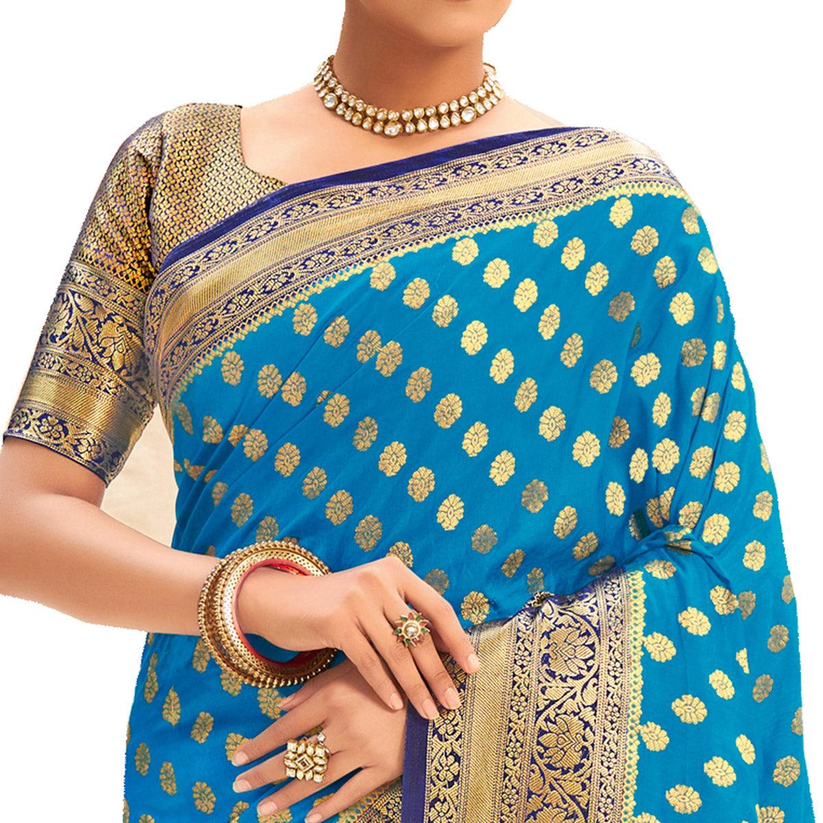 Sky Blue Festive Wear Woven Silk Saree - Peachmode