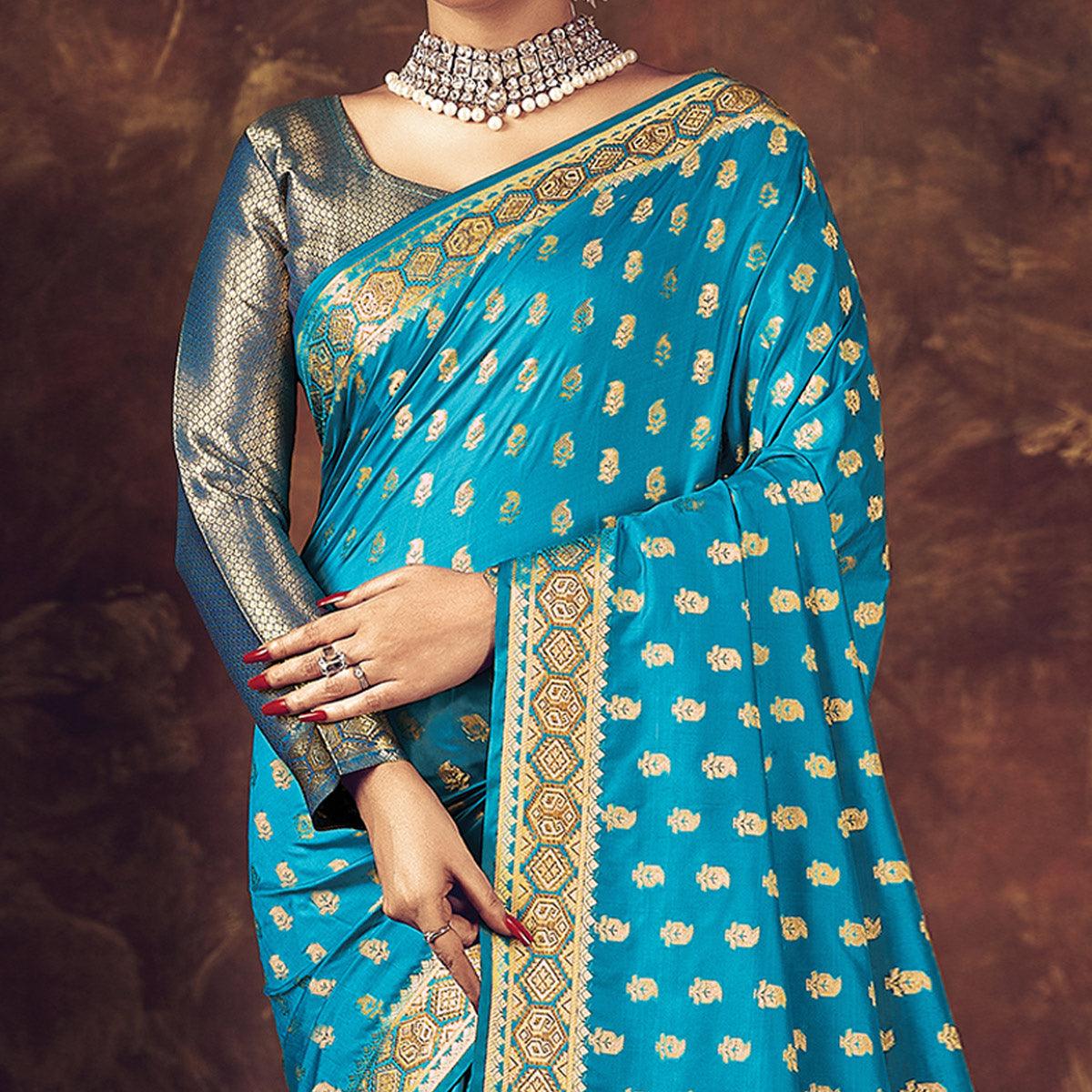 Sky Blue Festive Wear Woven Silk Saree - Peachmode