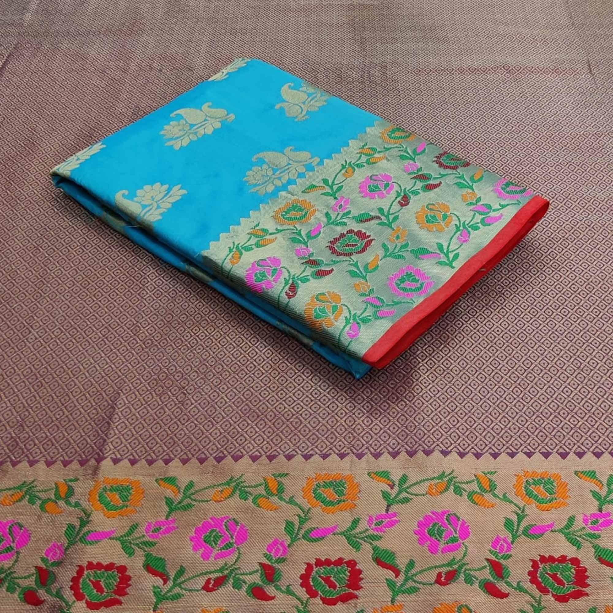Sky Blue Festive Wear Woven Silk Saree With Border - Peachmode