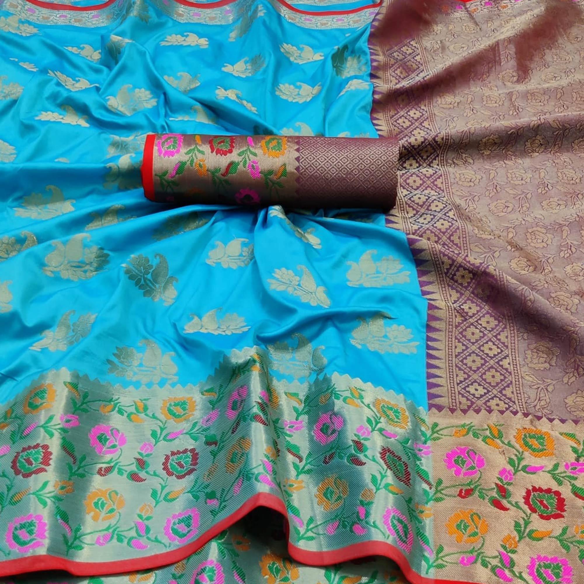 Sky Blue Festive Wear Woven Silk Saree With Border - Peachmode