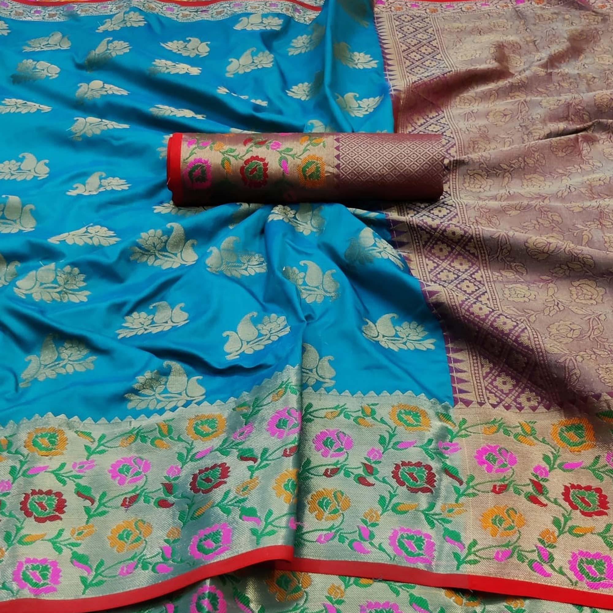 Sky Blue Festive Wear Woven Silk Saree With Border - Peachmode