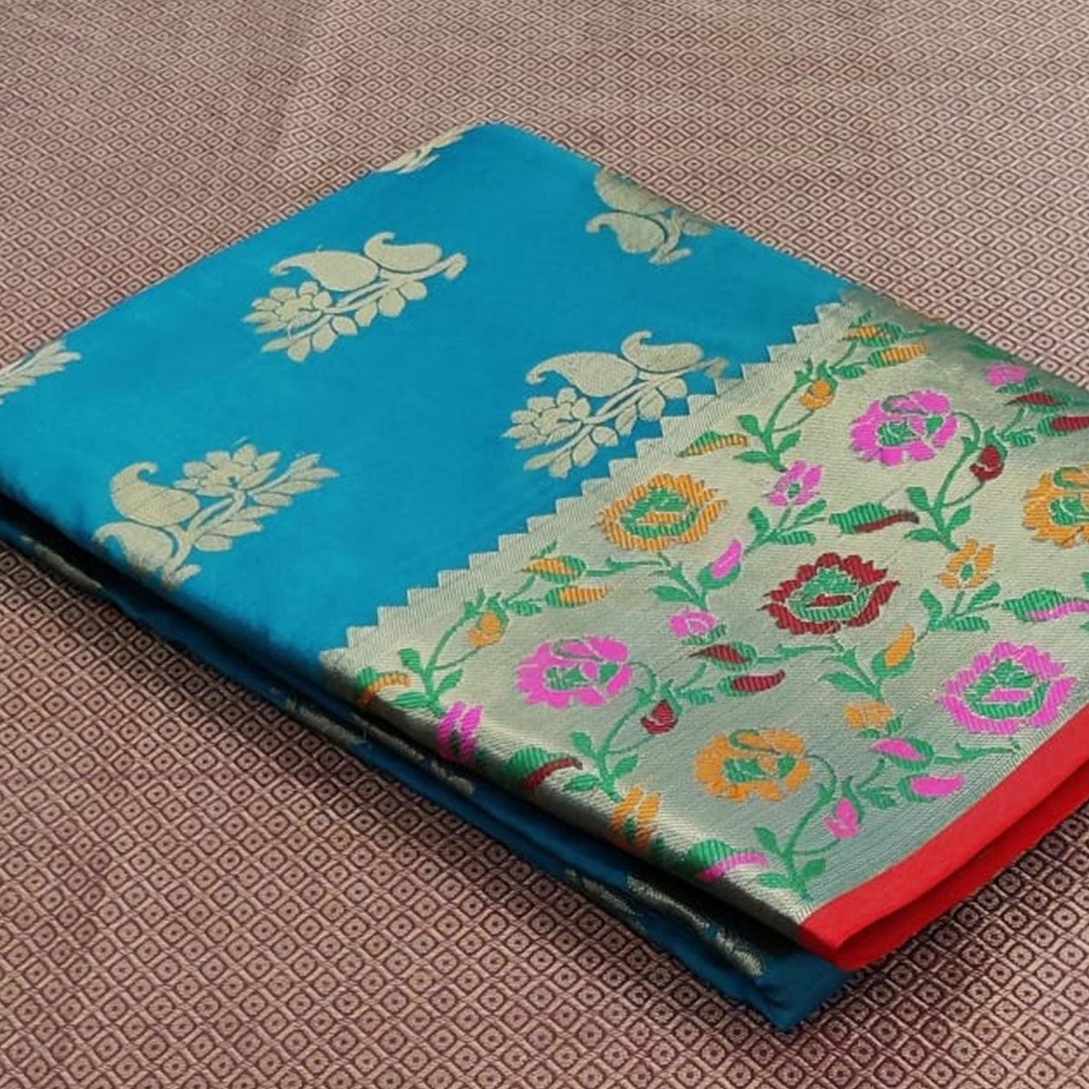 Sky Blue Festive Wear Woven Silk Saree With Border - Peachmode