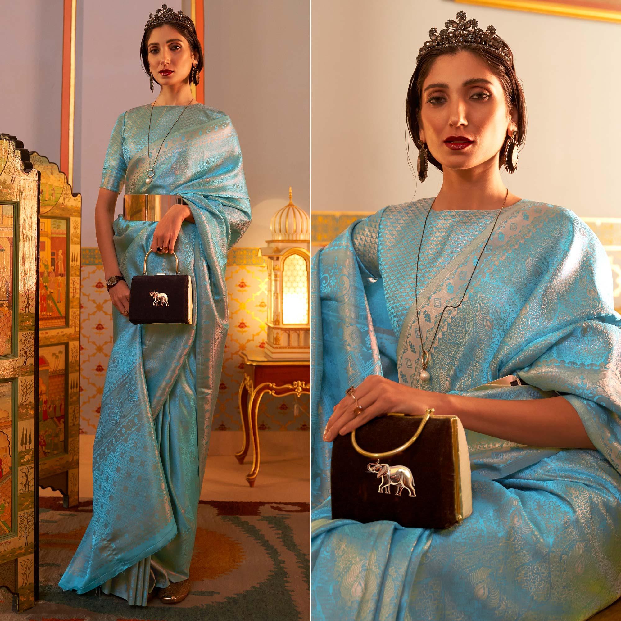 Sky Blue Festive Wear Woven Two Tone Satin Silk Saree - Peachmode