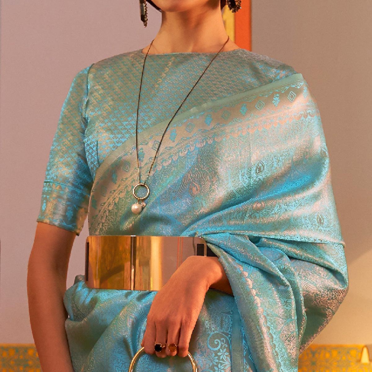 Sky Blue Festive Wear Woven Two Tone Satin Silk Saree - Peachmode