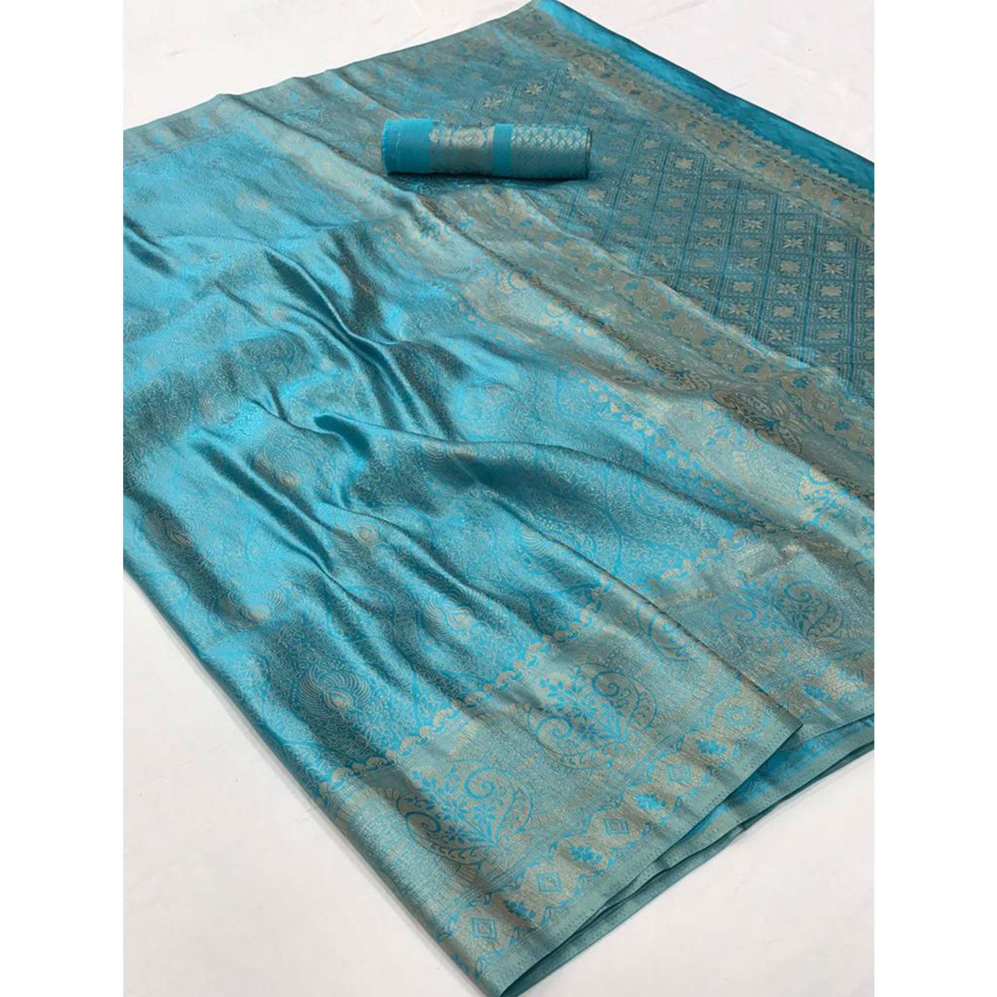 Sky Blue Festive Wear Woven Two Tone Satin Silk Saree - Peachmode