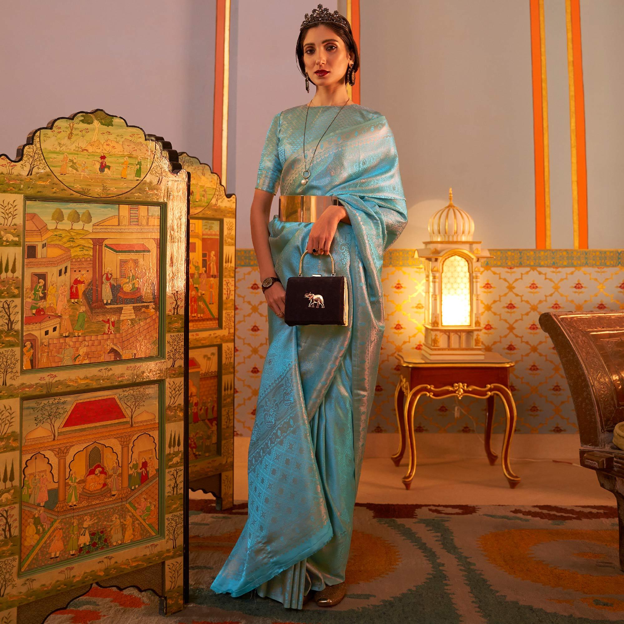 Sky Blue Festive Wear Woven Two Tone Satin Silk Saree - Peachmode