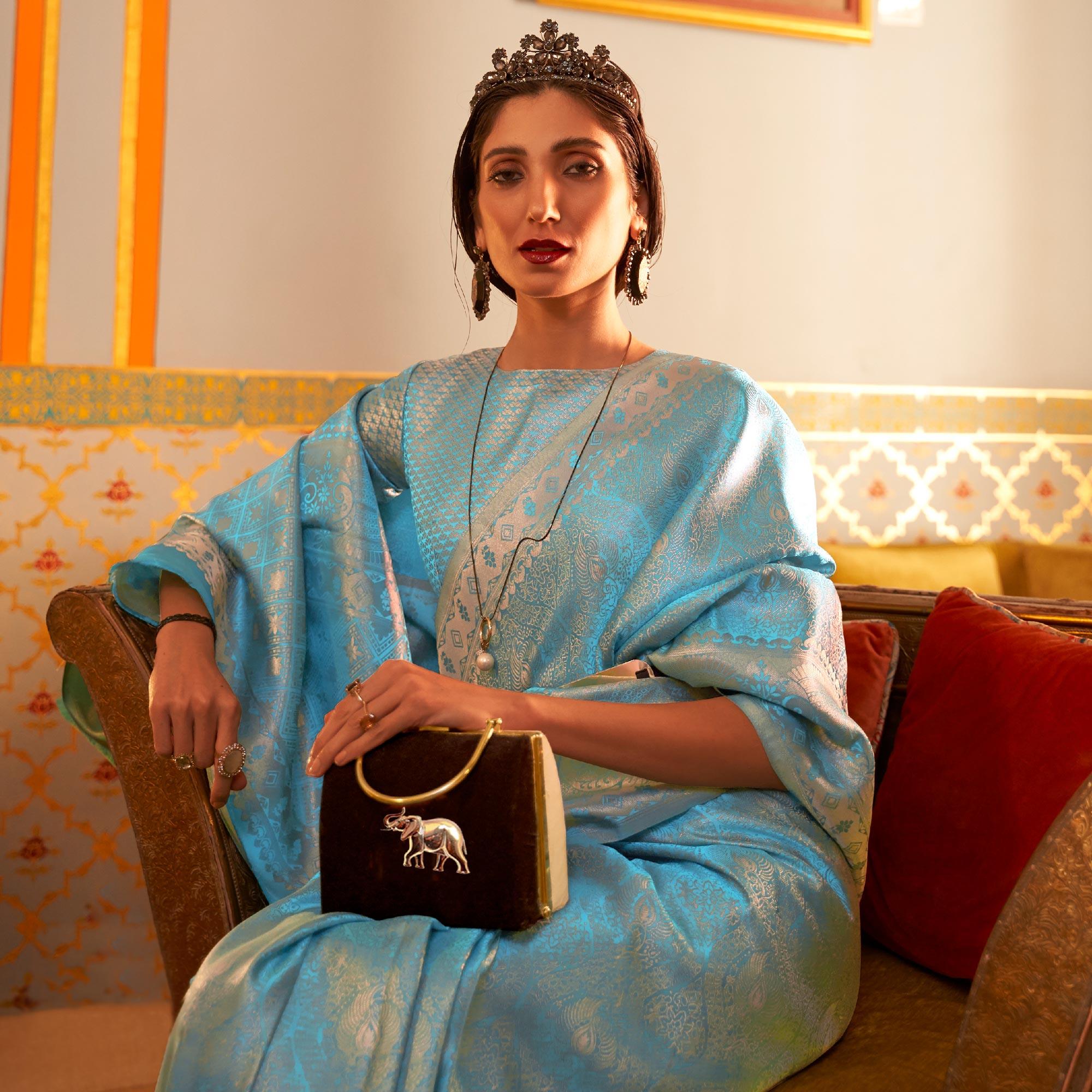 Sky Blue Festive Wear Woven Two Tone Satin Silk Saree - Peachmode