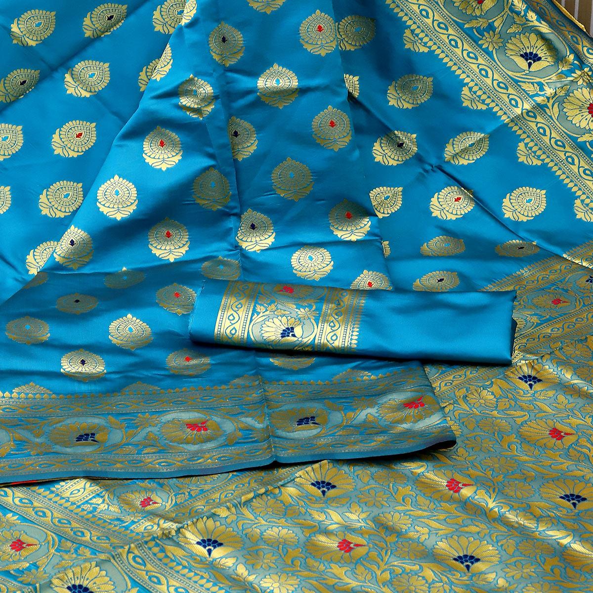Sky Blue Festive Woven Banarasi Art Silk Saree - Peachmode