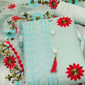 Sky Blue Floral Embroidered Chanderi Dress Material - Peachmode