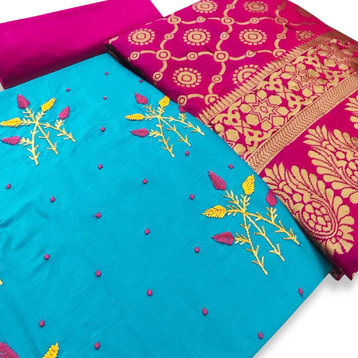 Sky Blue Floral Embroidered Cotton Blend Dress Material - Peachmode