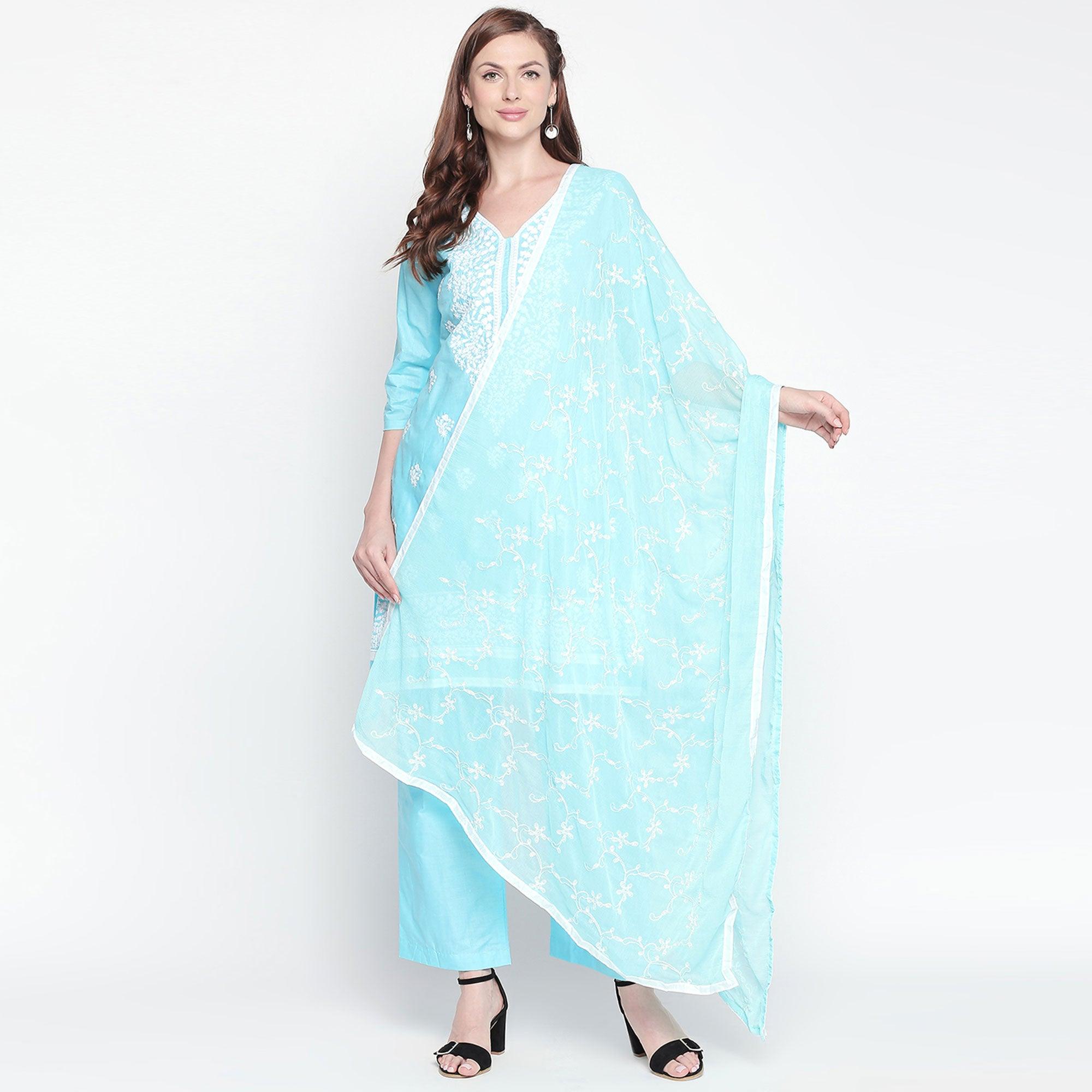 Sky Blue Floral Embroidered Pure Cotton Dress Material - Peachmode