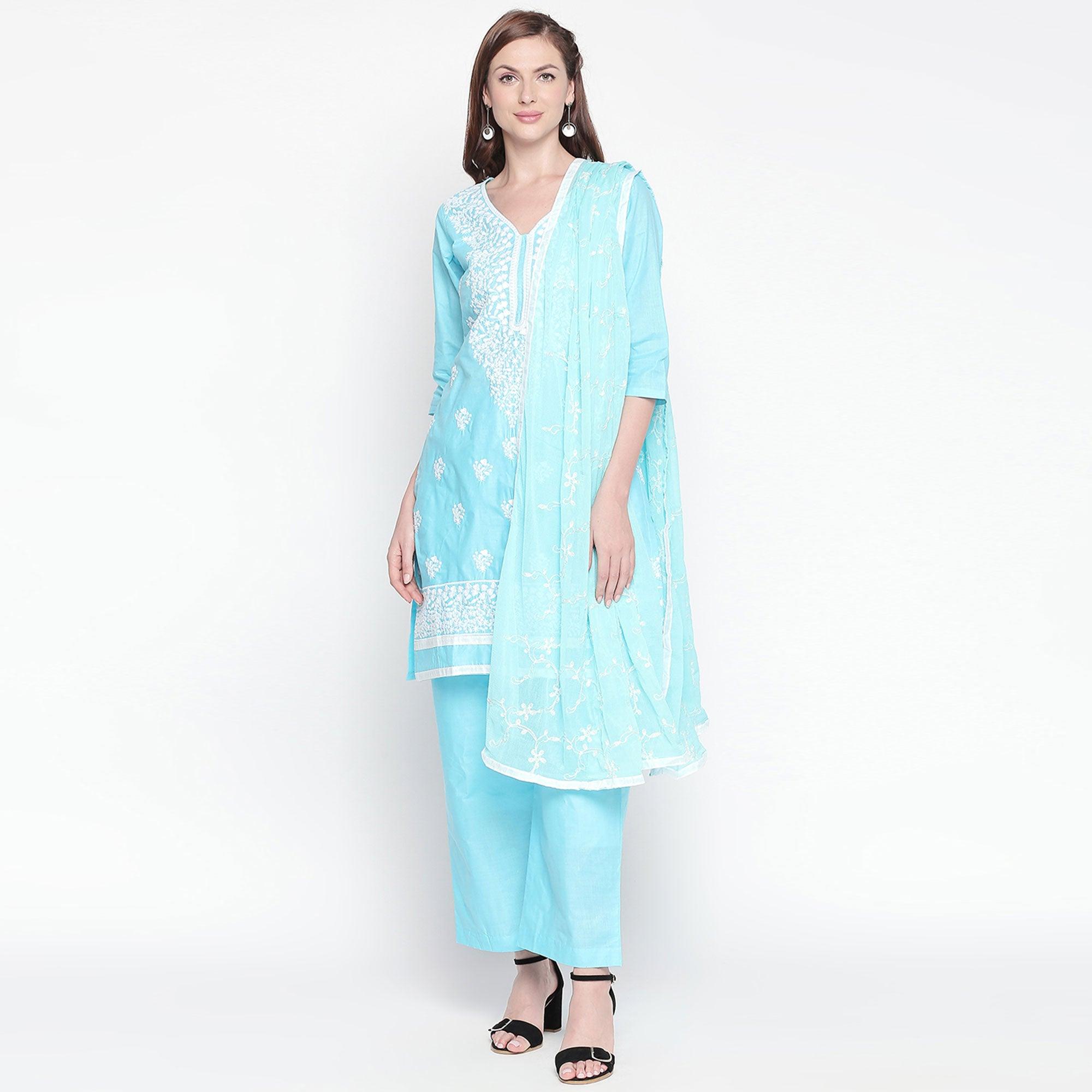 Sky Blue Floral Embroidered Pure Cotton Dress Material - Peachmode