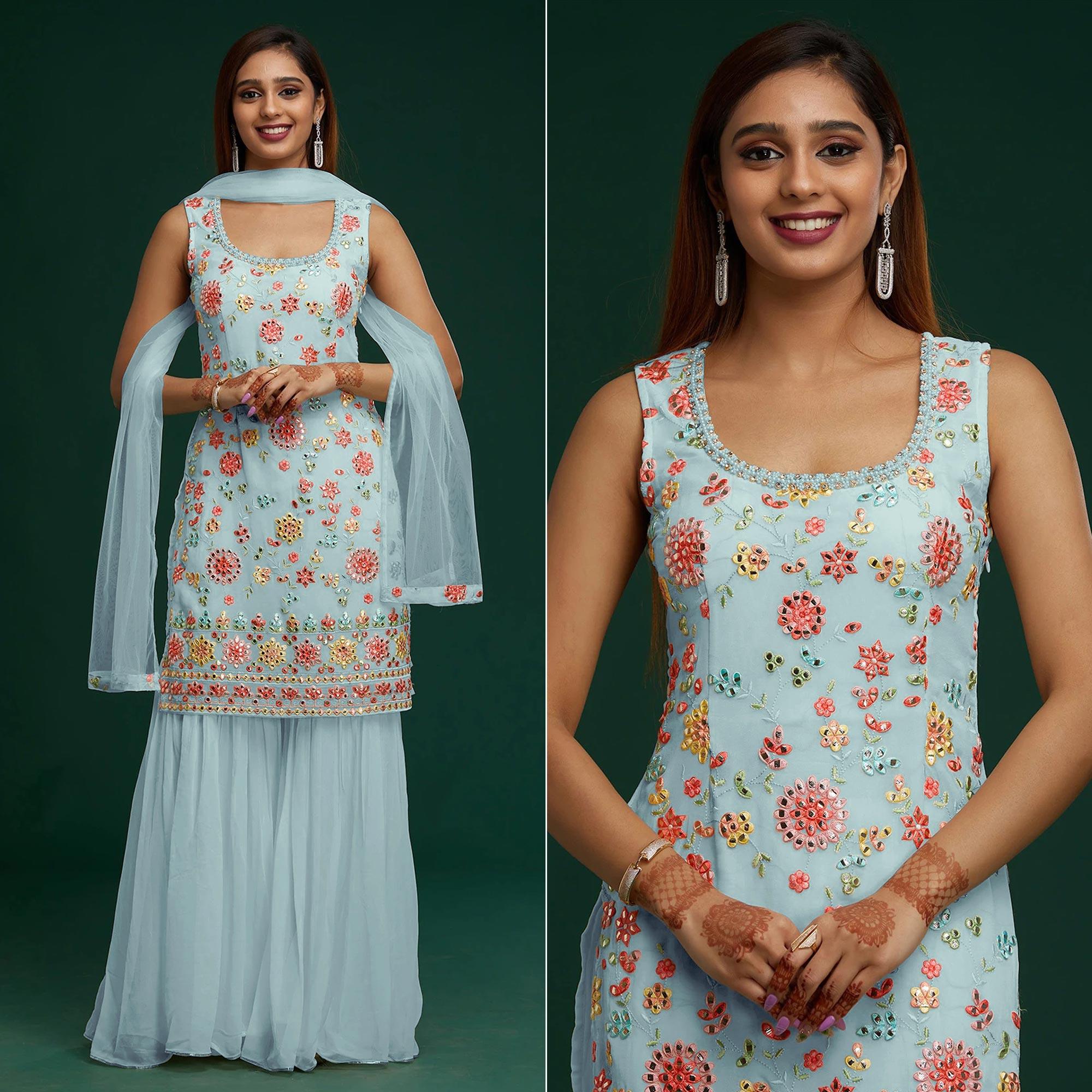 Sky Blue Floral Embroidered With Mirror Work Georgette Sharara Suit - Peachmode