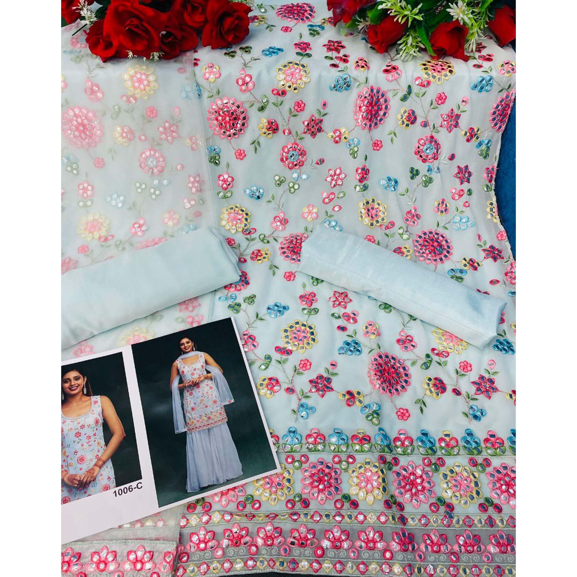 Sky Blue Floral Embroidered With Mirror Work Georgette Sharara Suit - Peachmode