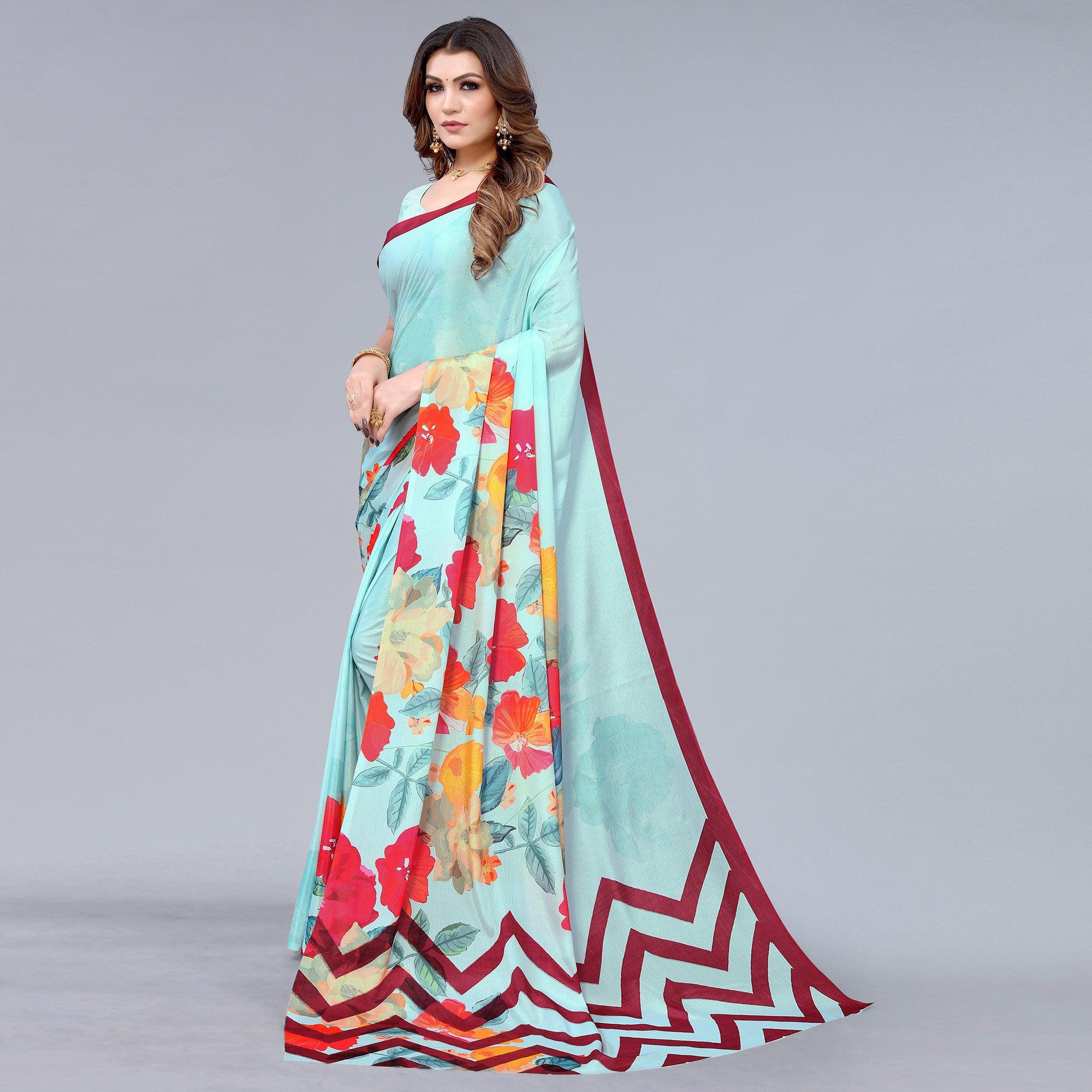 Sky Blue Floral Printed Chiffon Saree - Peachmode