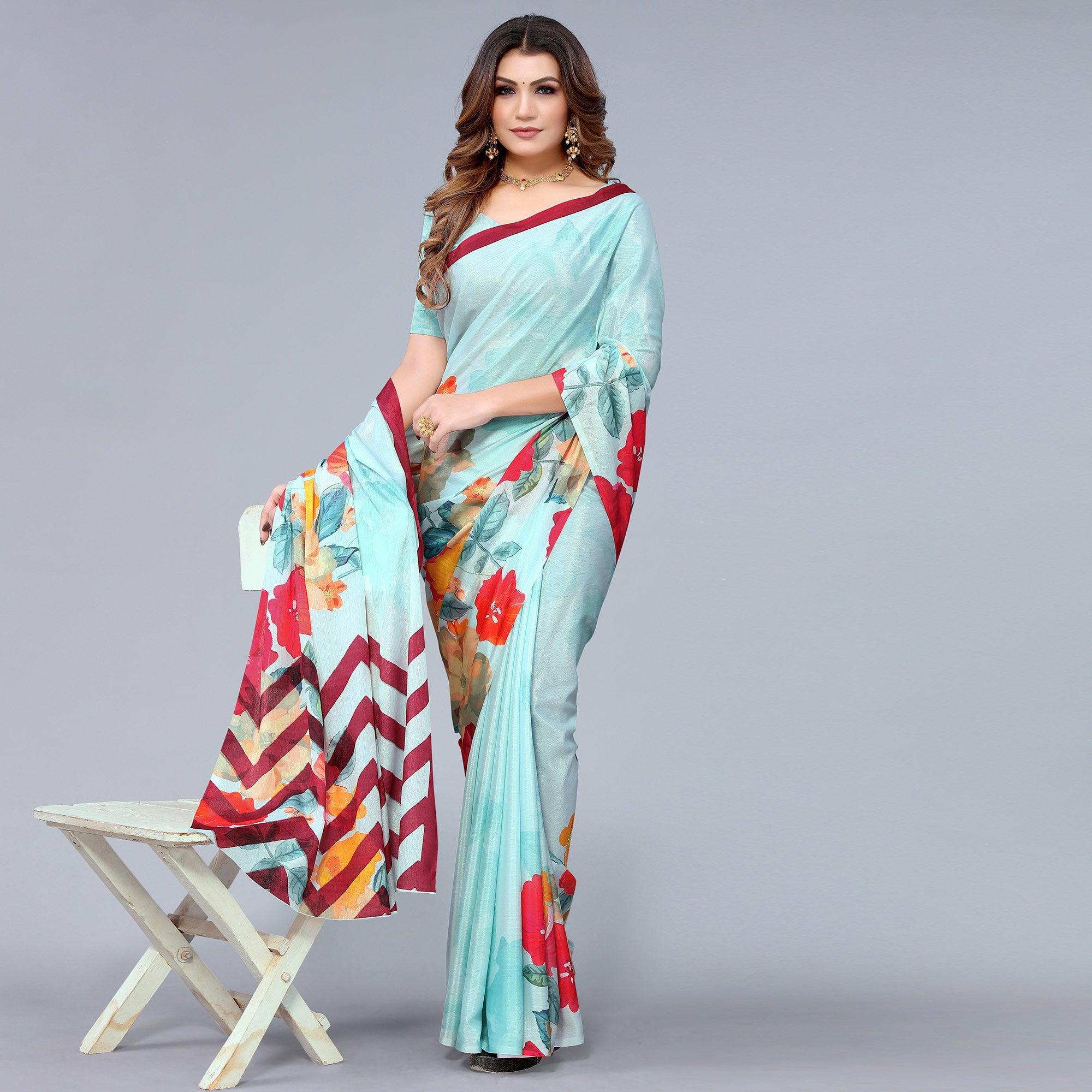 Sky Blue Floral Printed Chiffon Saree - Peachmode