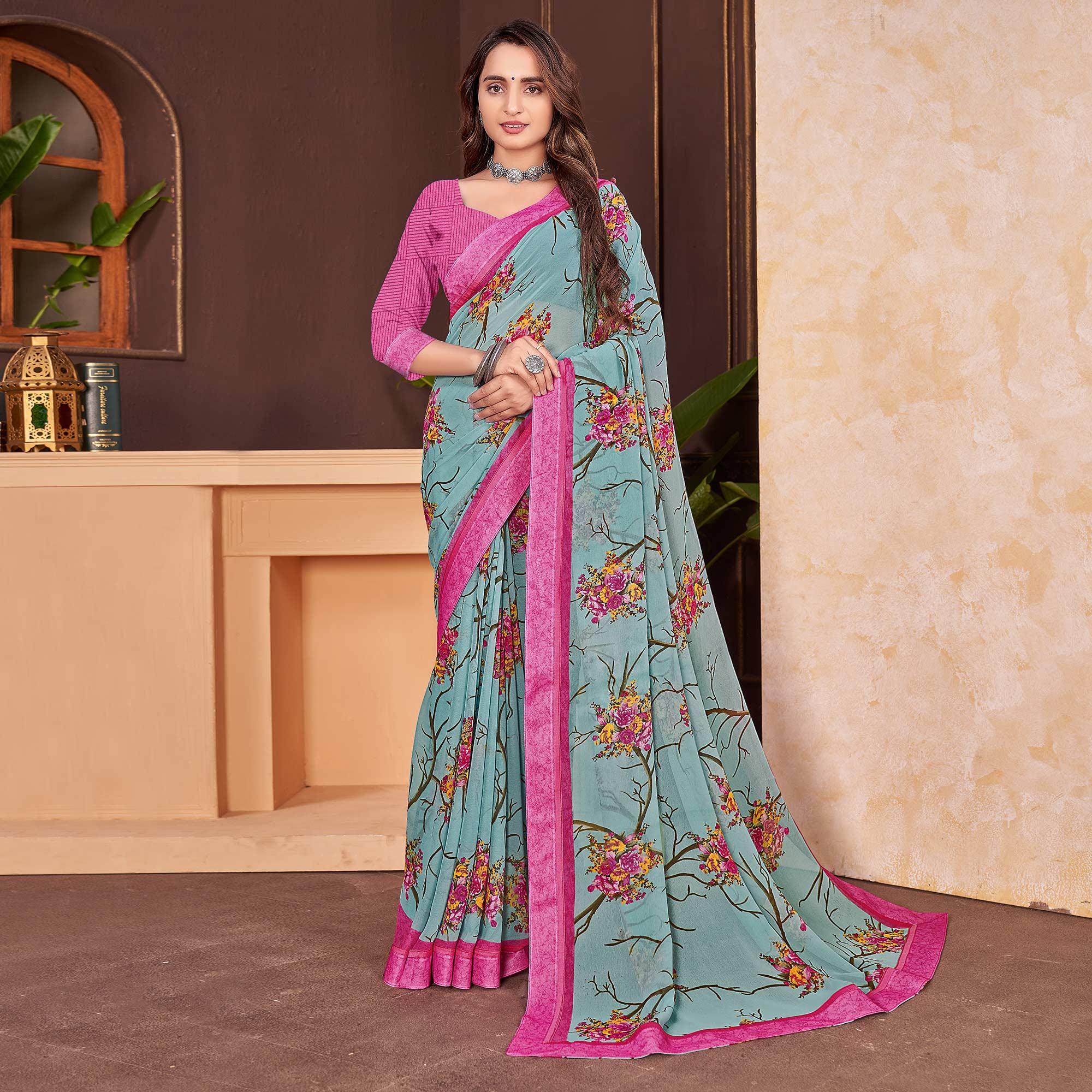 Sky Blue Floral Printed Georgette Saree - Peachmode