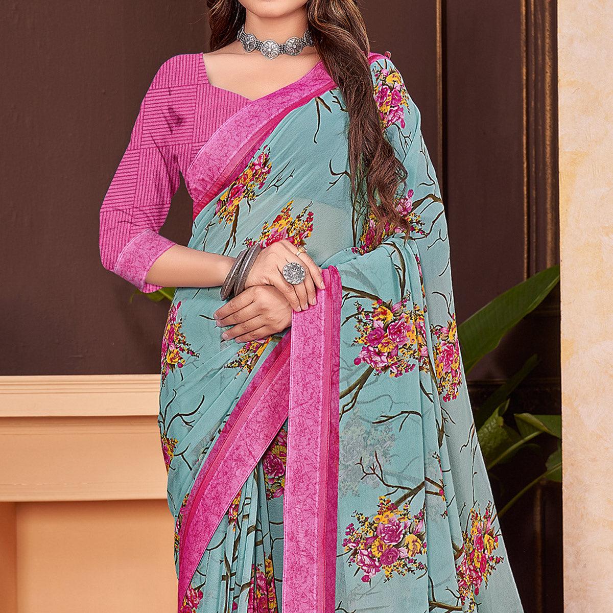 Sky Blue Floral Printed Georgette Saree - Peachmode