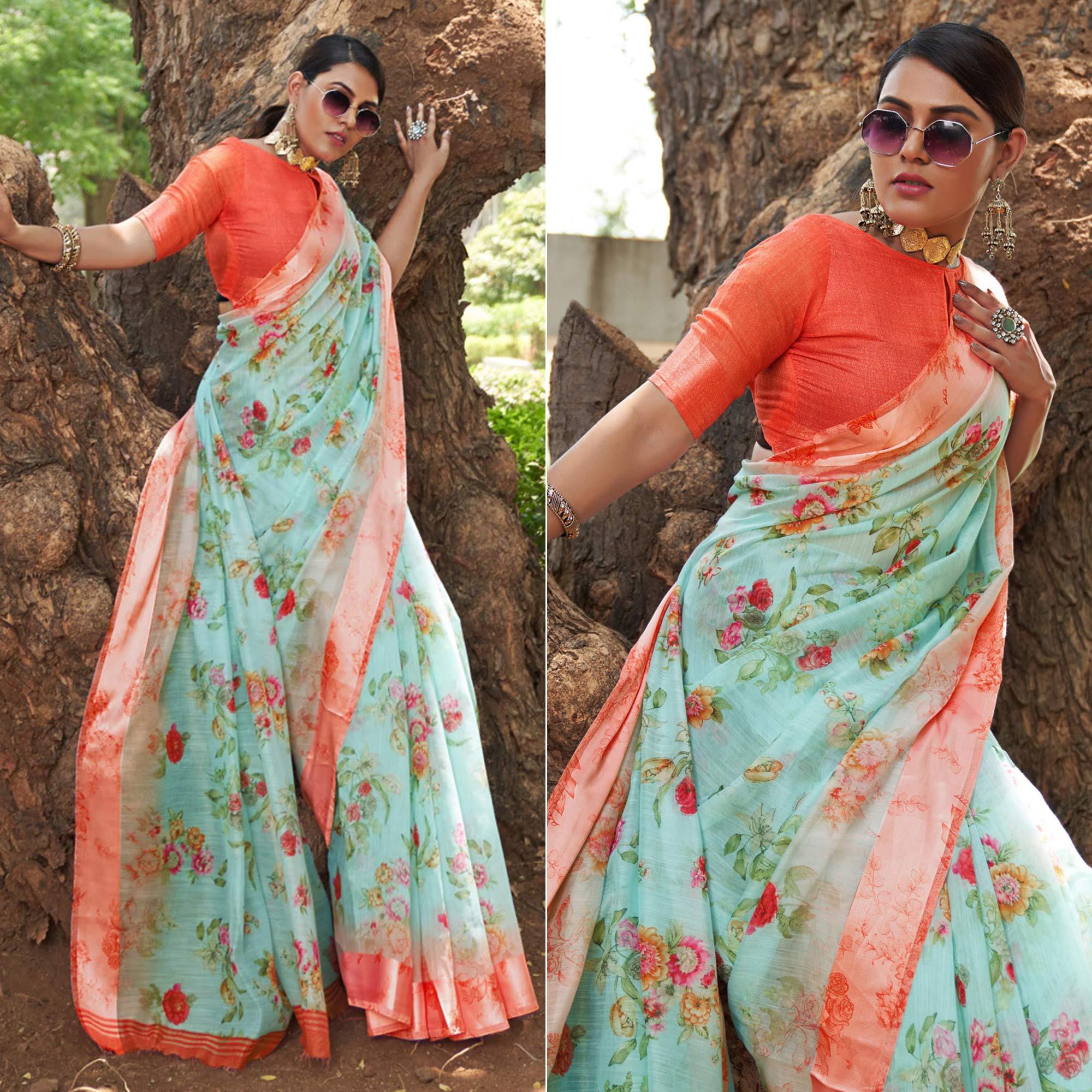 Sky Blue Floral Printed Linen Saree - Peachmode
