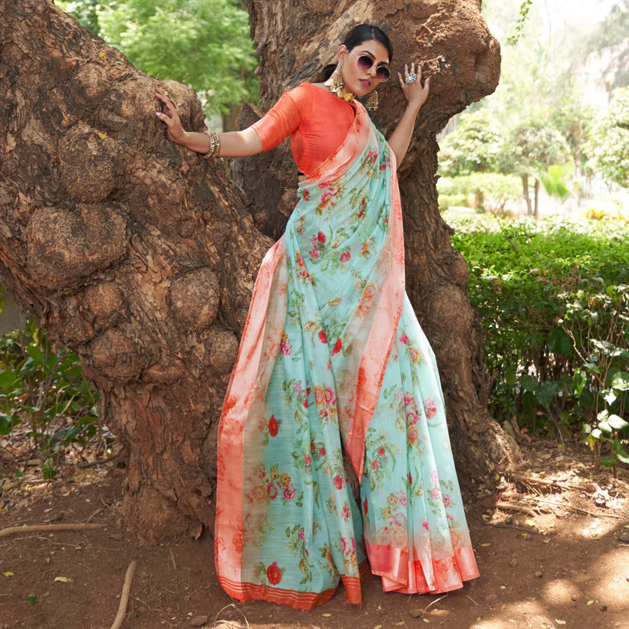 Sky Blue Floral Printed Linen Saree - Peachmode