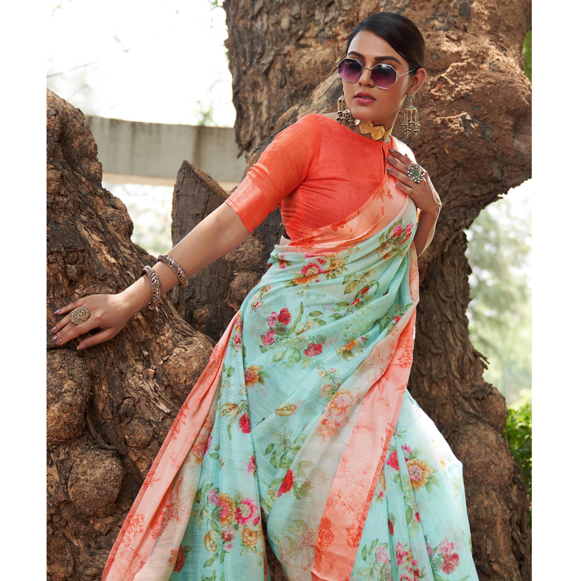 Sky Blue Floral Printed Linen Saree - Peachmode