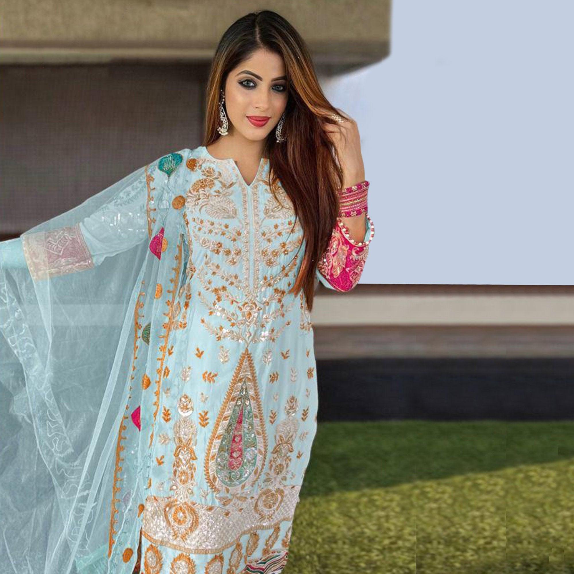 Sky Blue Floral Sequence Embroidered Georgette Pakistani Suit - Peachmode