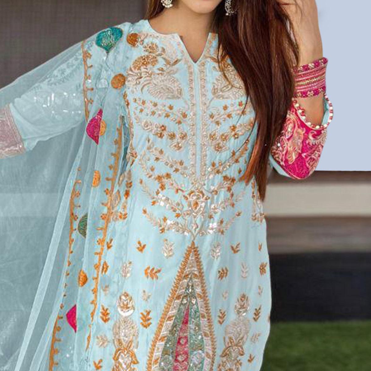 Sky Blue Floral Sequence Embroidered Georgette Pakistani Suit - Peachmode
